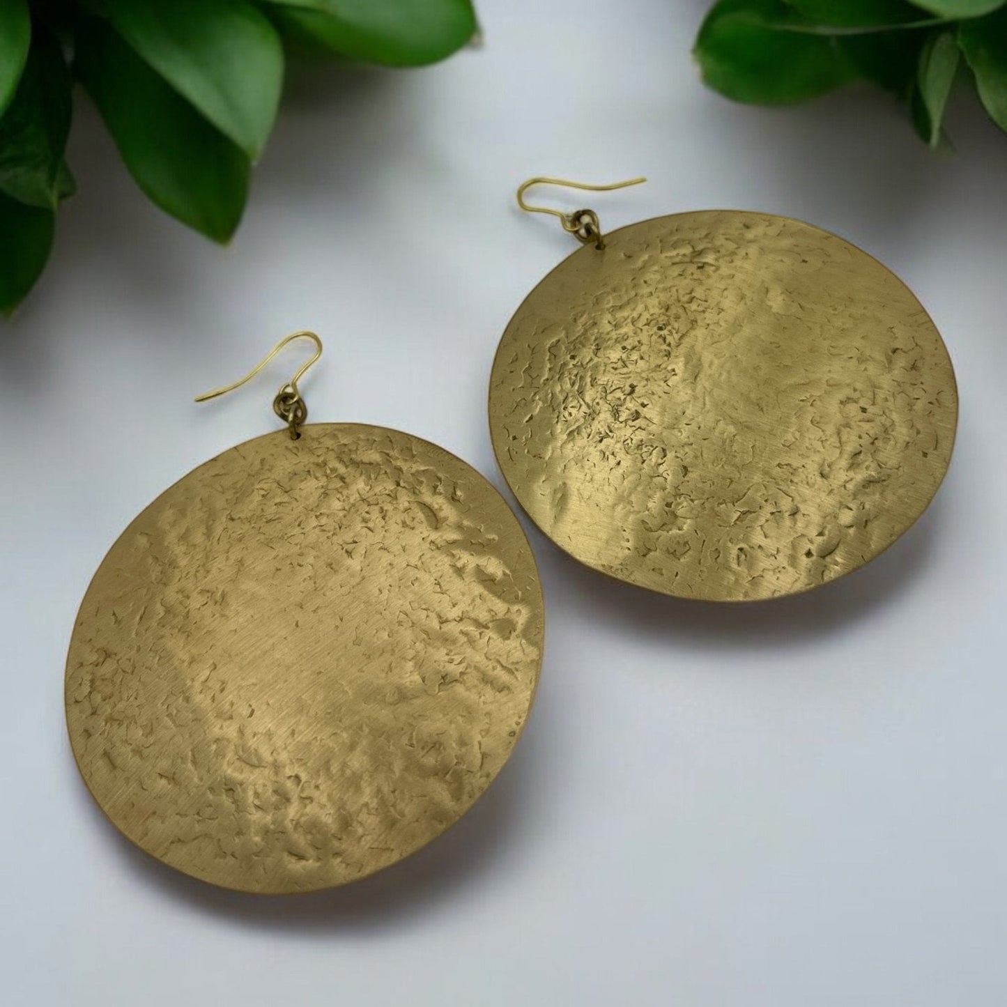 Bold Round Hammered Disc Brass Dangle Statement Earrings - Fatisha Boutique