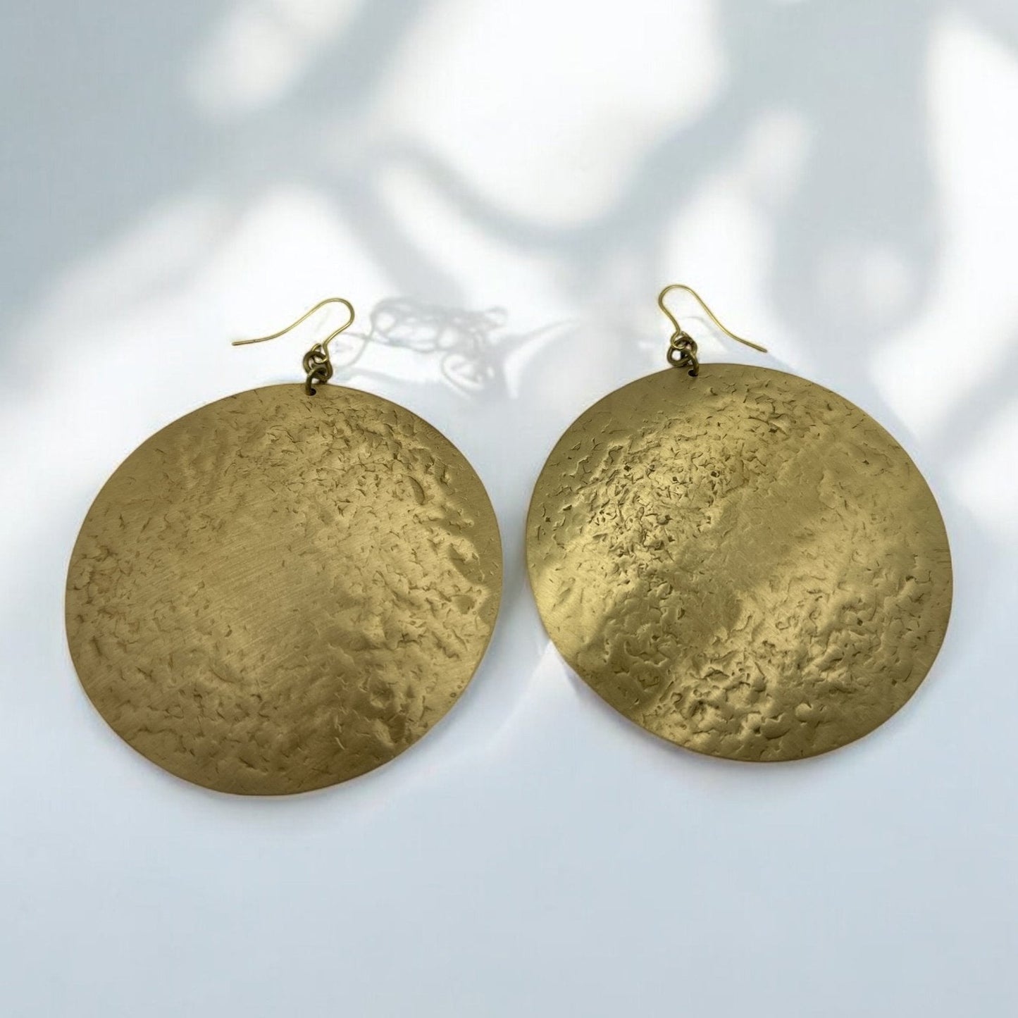 Bold Round Hammered Disc Brass Dangle Statement Earrings - Fatisha Boutique