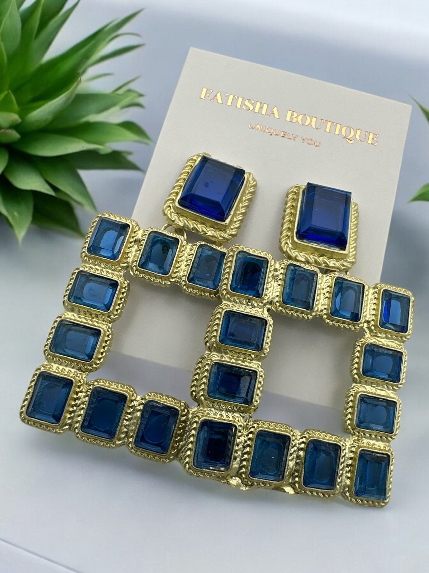 Bold Square Gemstone Statement Earrings - Fatisha Boutique