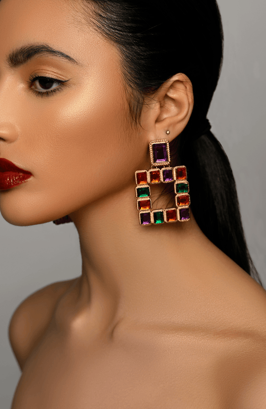 Bold Square Gemstone Statement Earrings - Fatisha Boutique