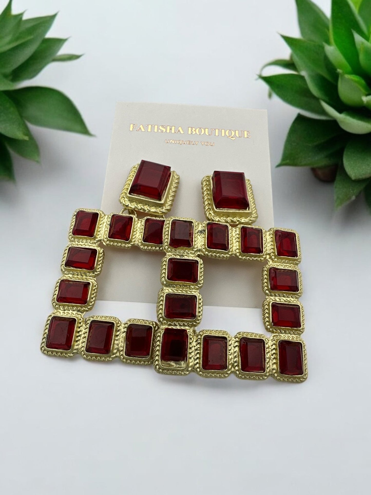 Bold Square Gemstone Statement Earrings - Fatisha Boutique