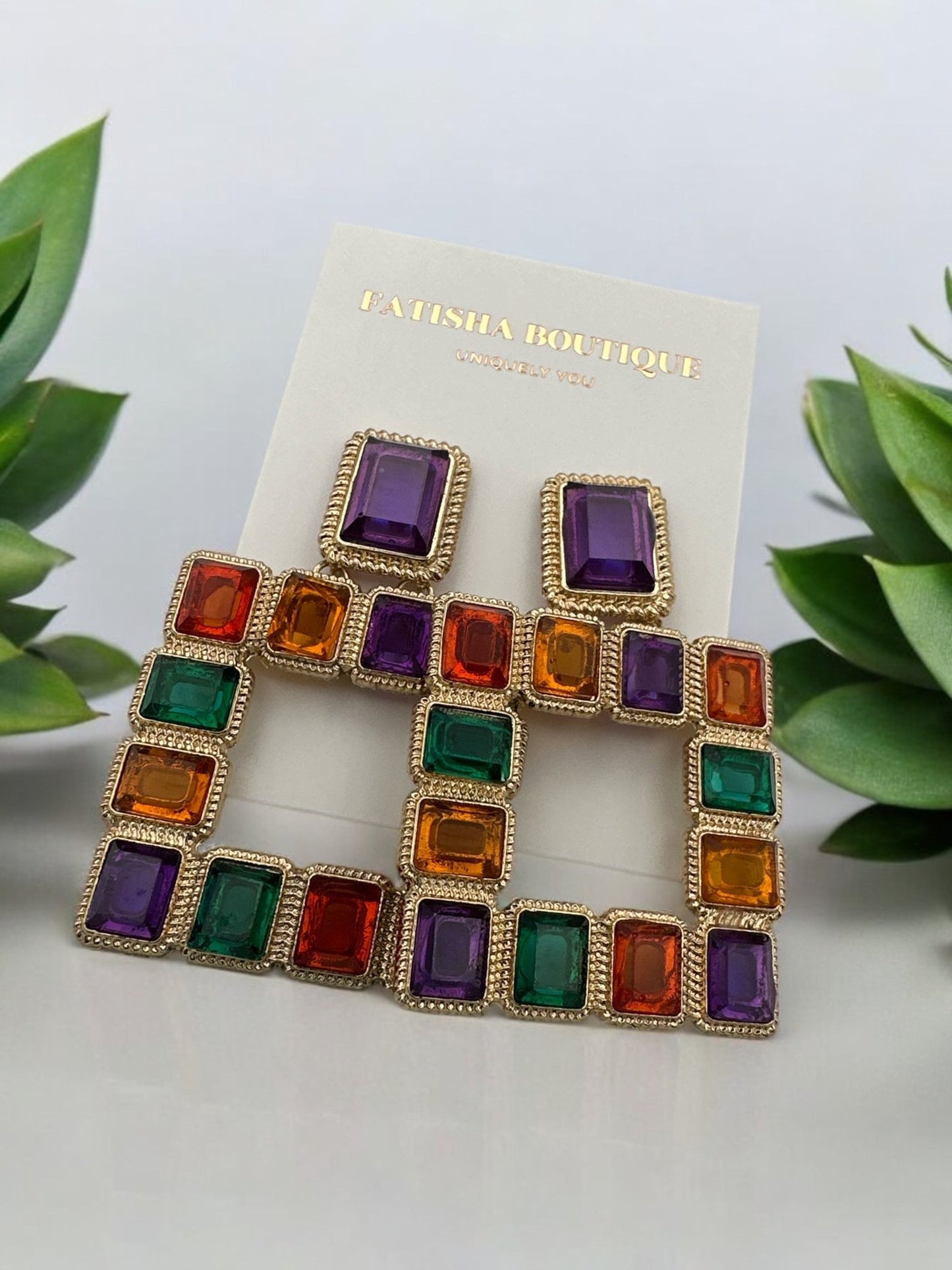 Bold Square Gemstone Statement Earrings - Fatisha Boutique