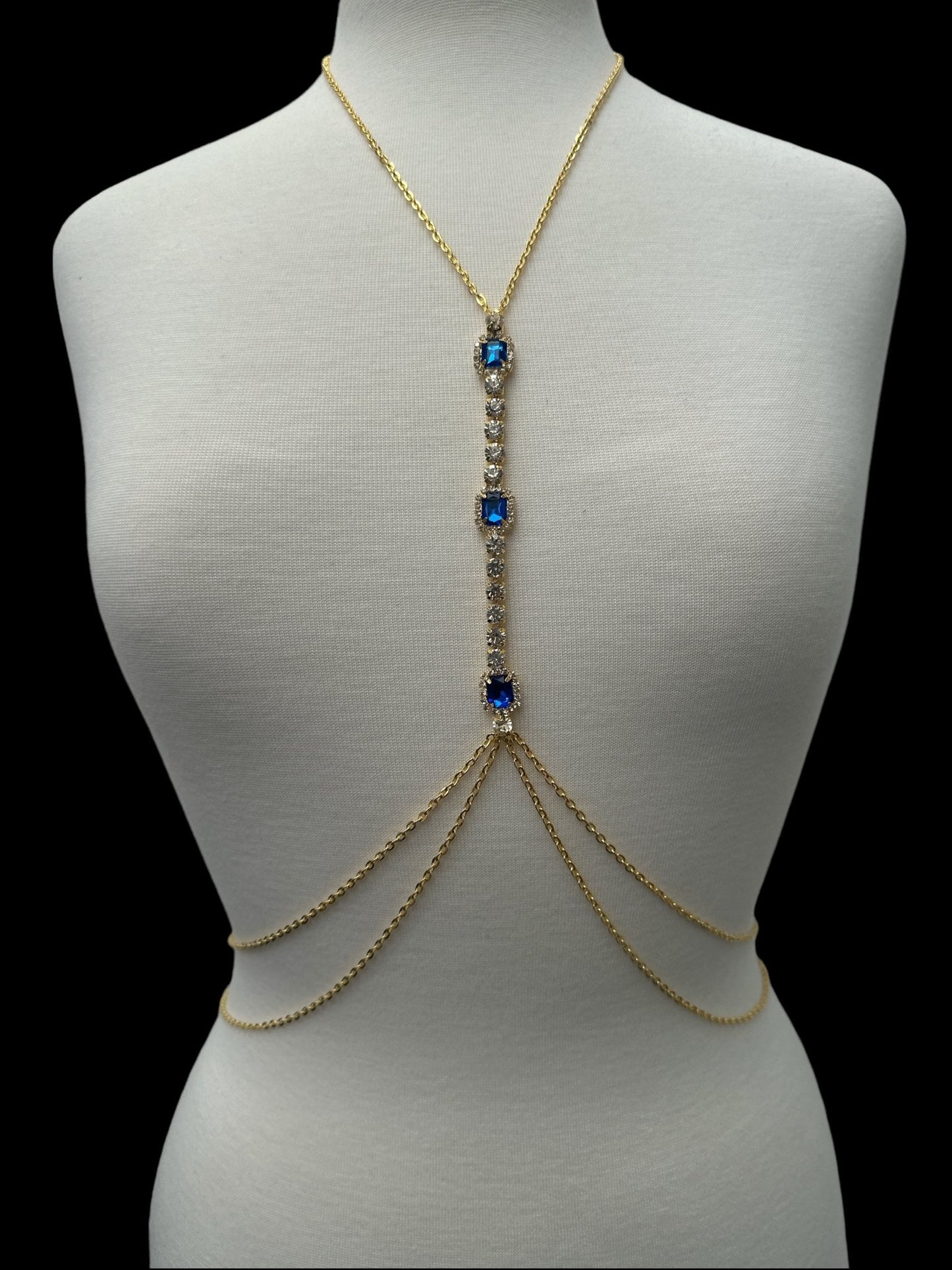 Centred Blue Rhinestone Bralette Statement Body Chain Jewellery - Fatisha Boutique