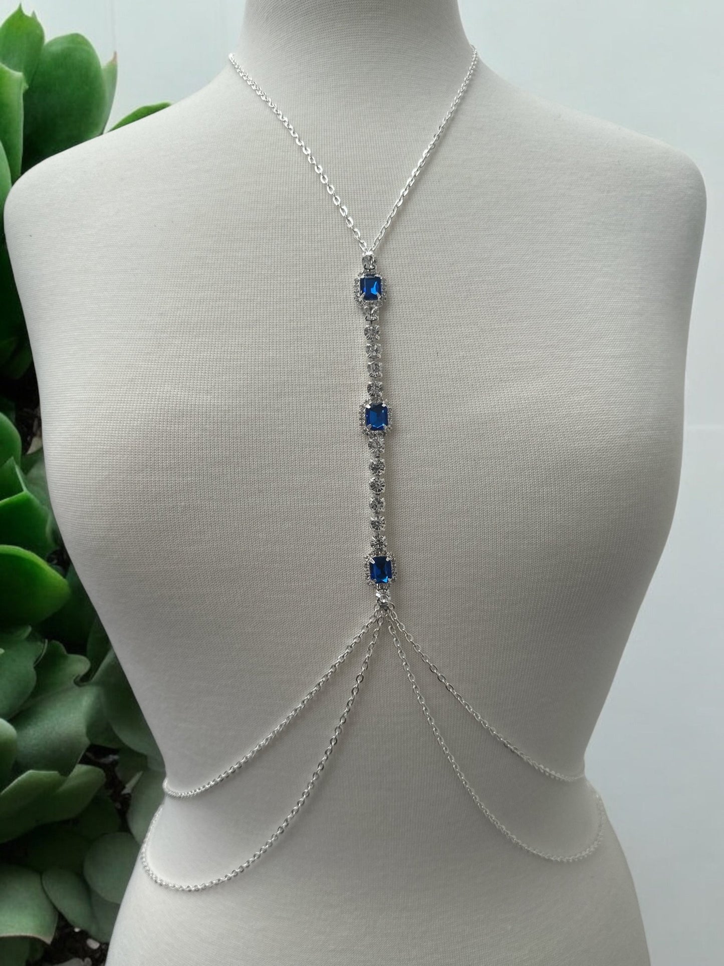 Centred Blue Rhinestone Bralette Statement Body Chain Jewellery - Fatisha Boutique
