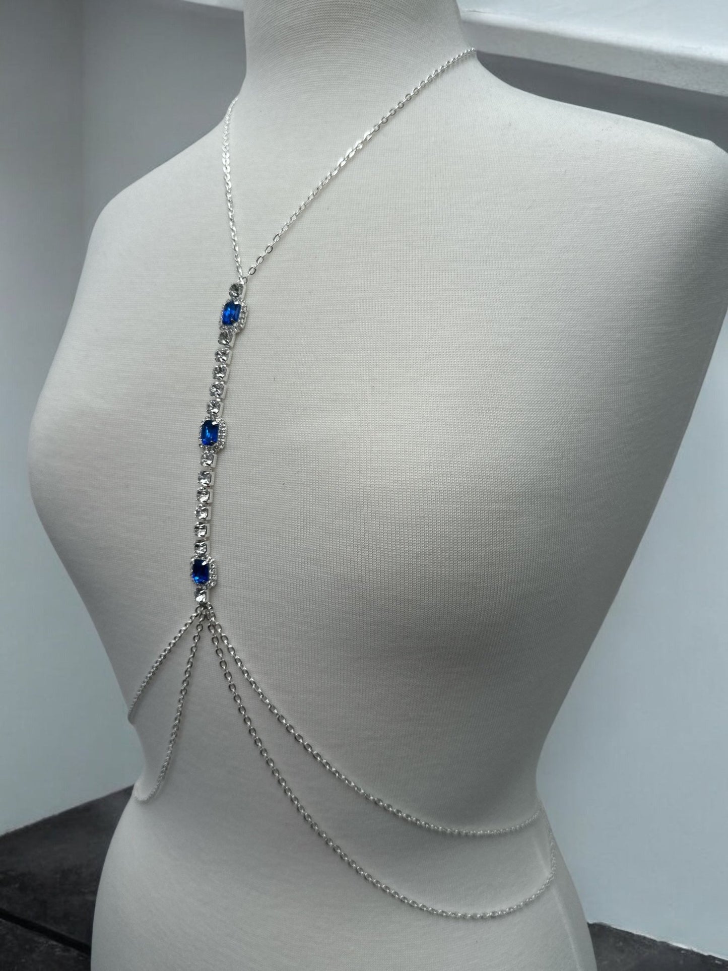 Centred Blue Rhinestone Bralette Statement Body Chain Jewellery - Fatisha Boutique