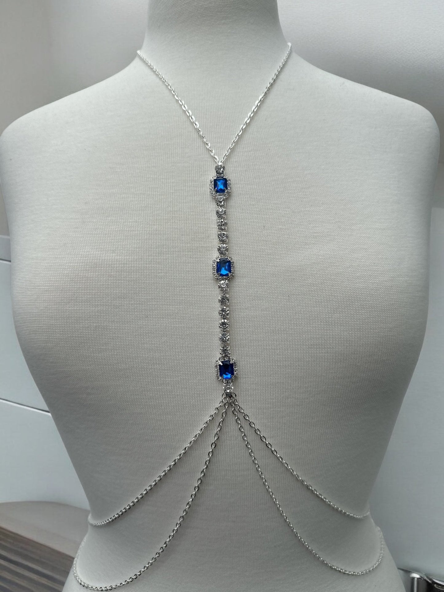 Centred Blue Rhinestone Bralette Statement Body Chain Jewellery - Fatisha Boutique