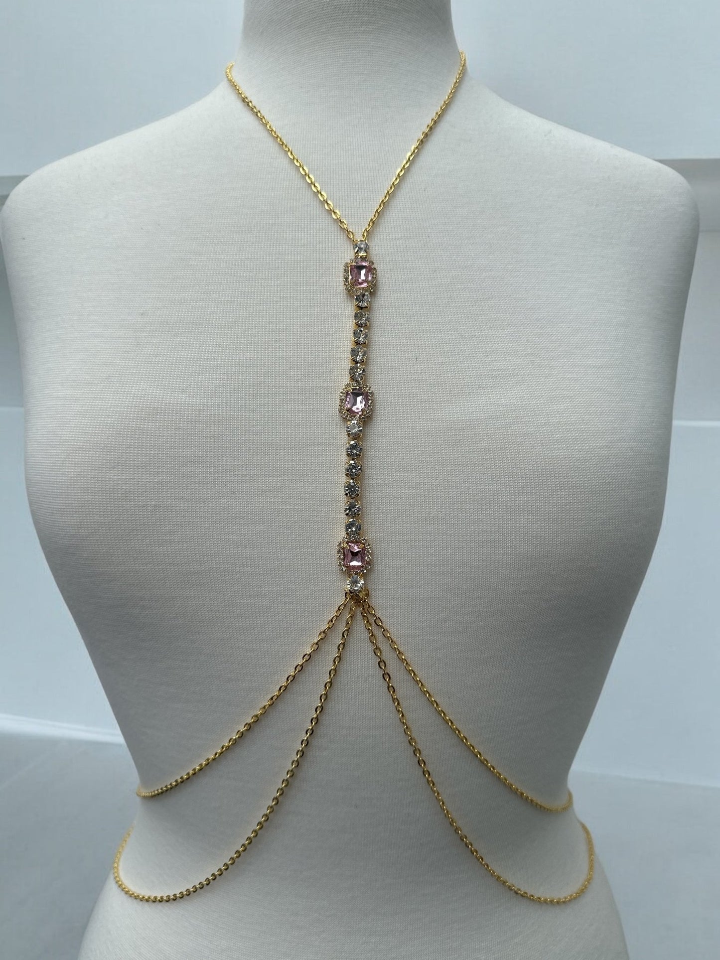 Centred Pink Rhinestone Bralette Statement Body Chain Jewellery - Fatisha Boutique