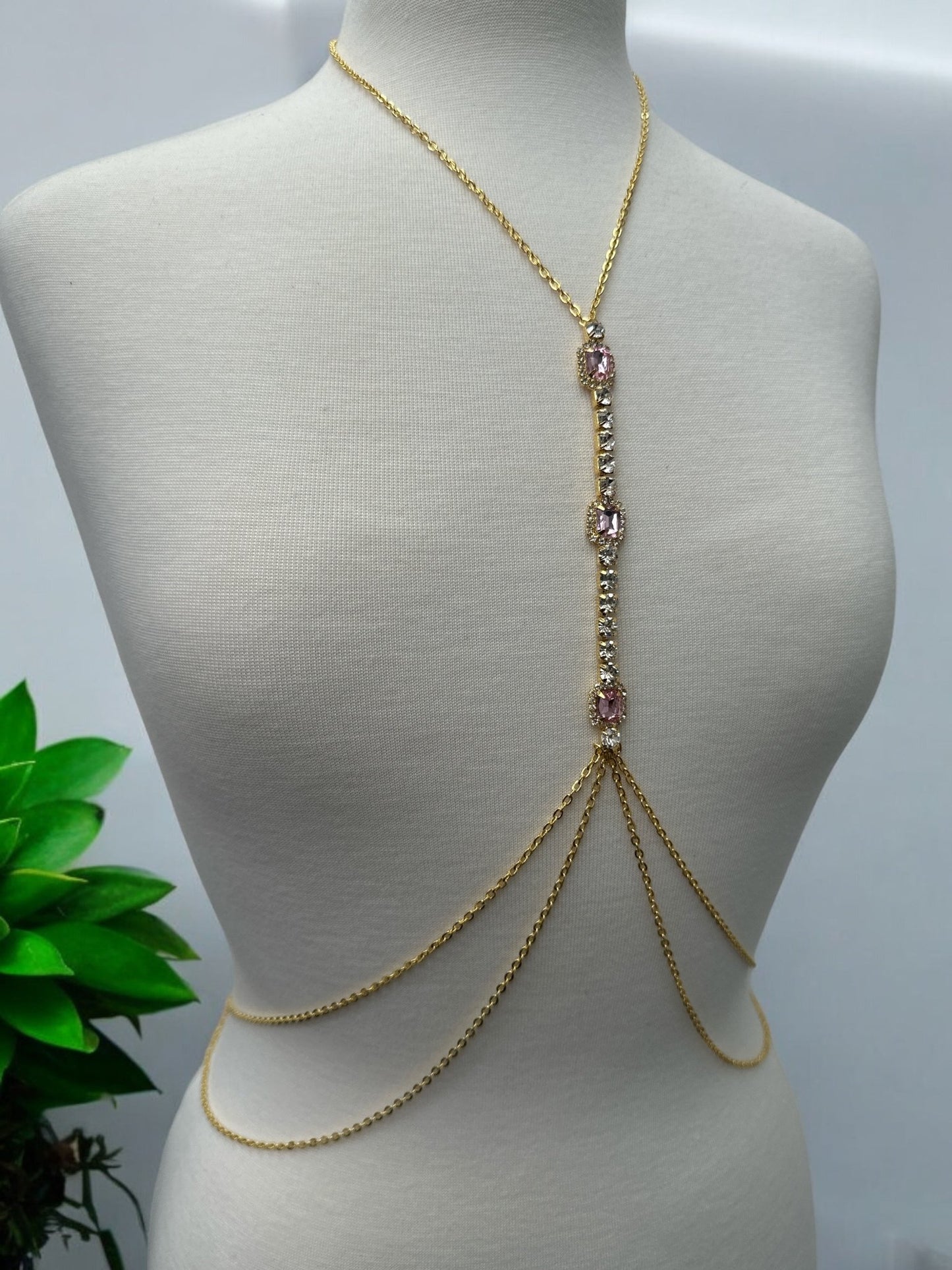 Centred Pink Rhinestone Bralette Statement Body Chain Jewellery - Fatisha Boutique