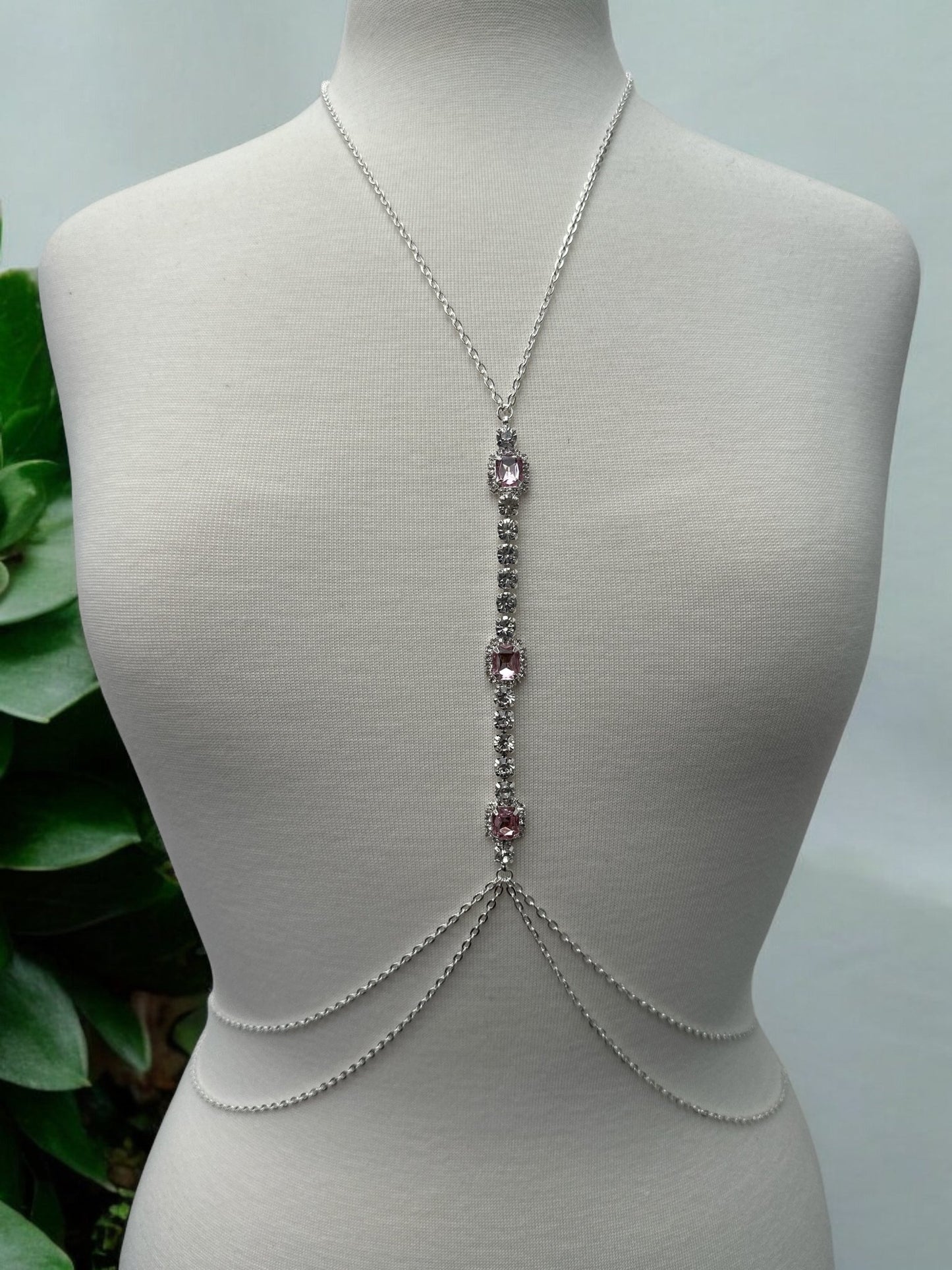 Centred Pink Rhinestone Bralette Statement Body Chain Jewellery - Fatisha Boutique