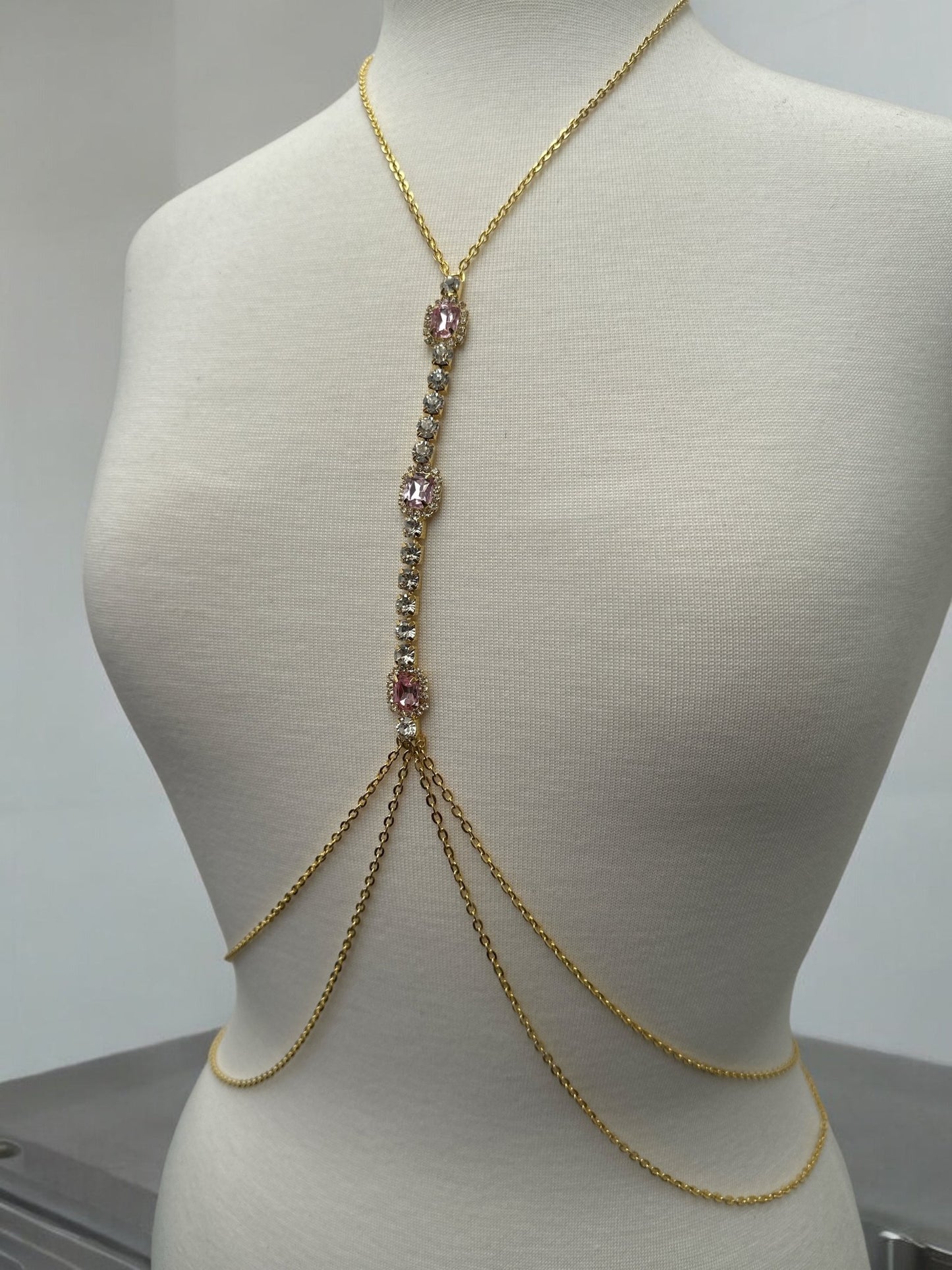 Centred Pink Rhinestone Bralette Statement Body Chain Jewellery - Fatisha Boutique