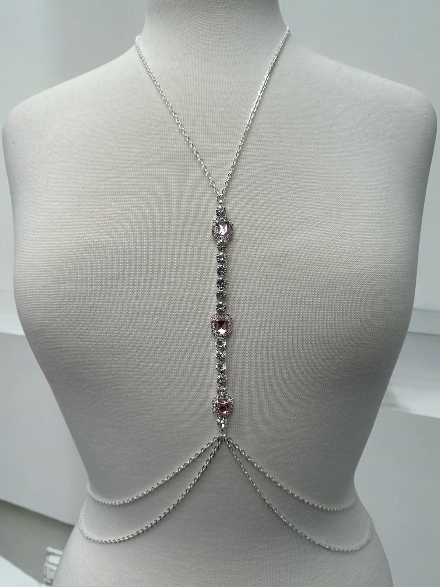 Centred Pink Rhinestone Bralette Statement Body Chain Jewellery - Fatisha Boutique