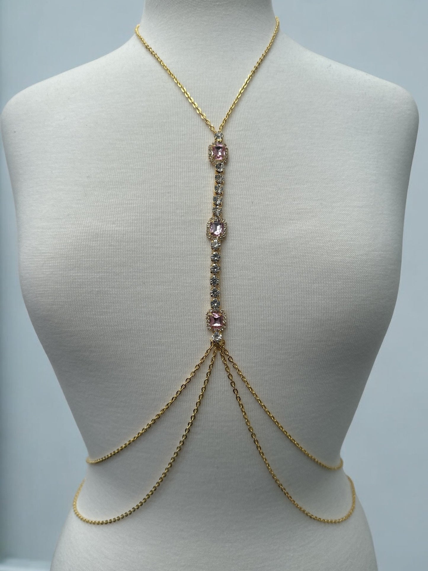 Centred Pink Rhinestone Bralette Statement Body Chain Jewellery - Fatisha Boutique