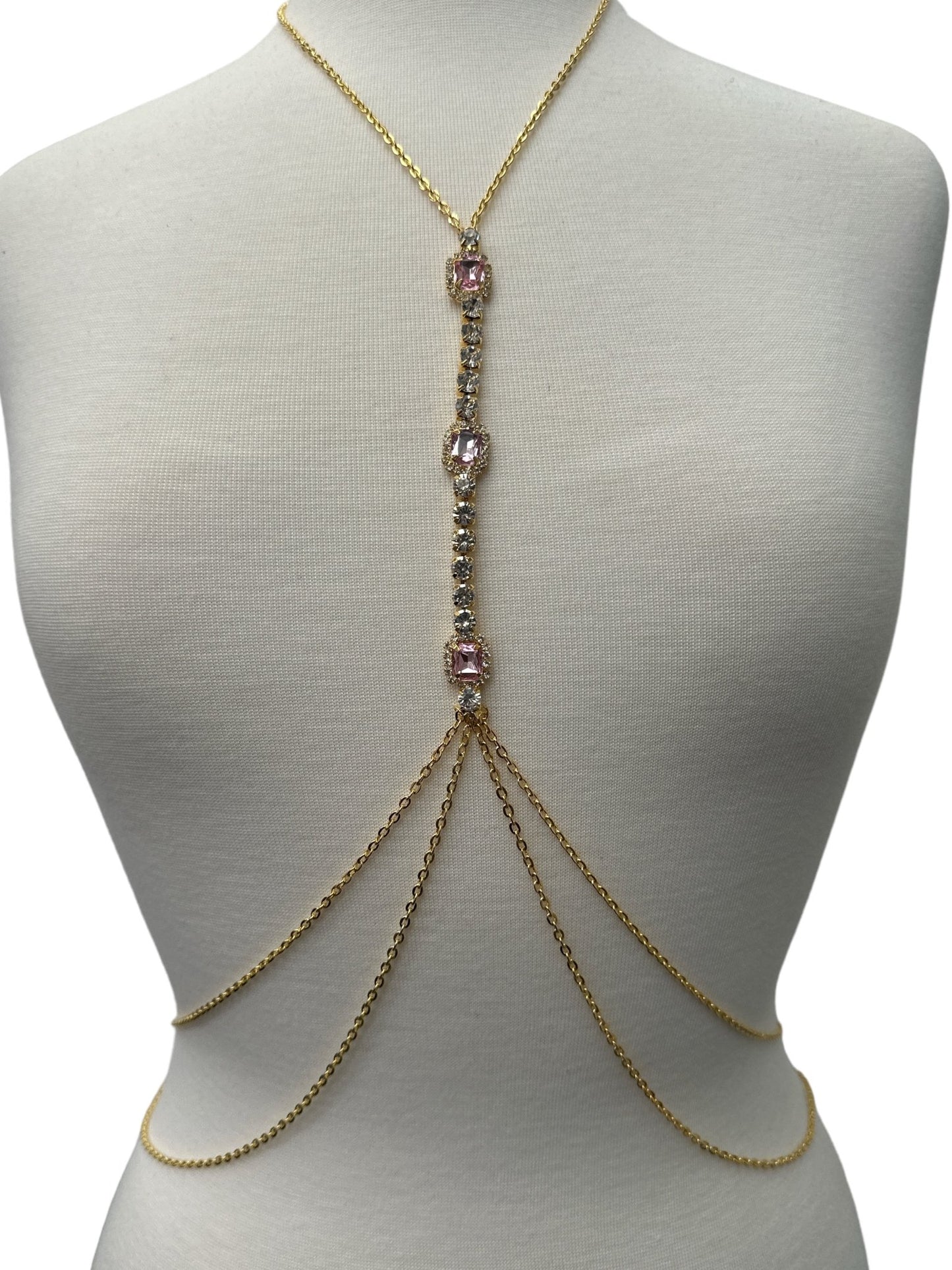 Centred Pink Rhinestone Bralette Statement Body Chain Jewellery - Fatisha Boutique