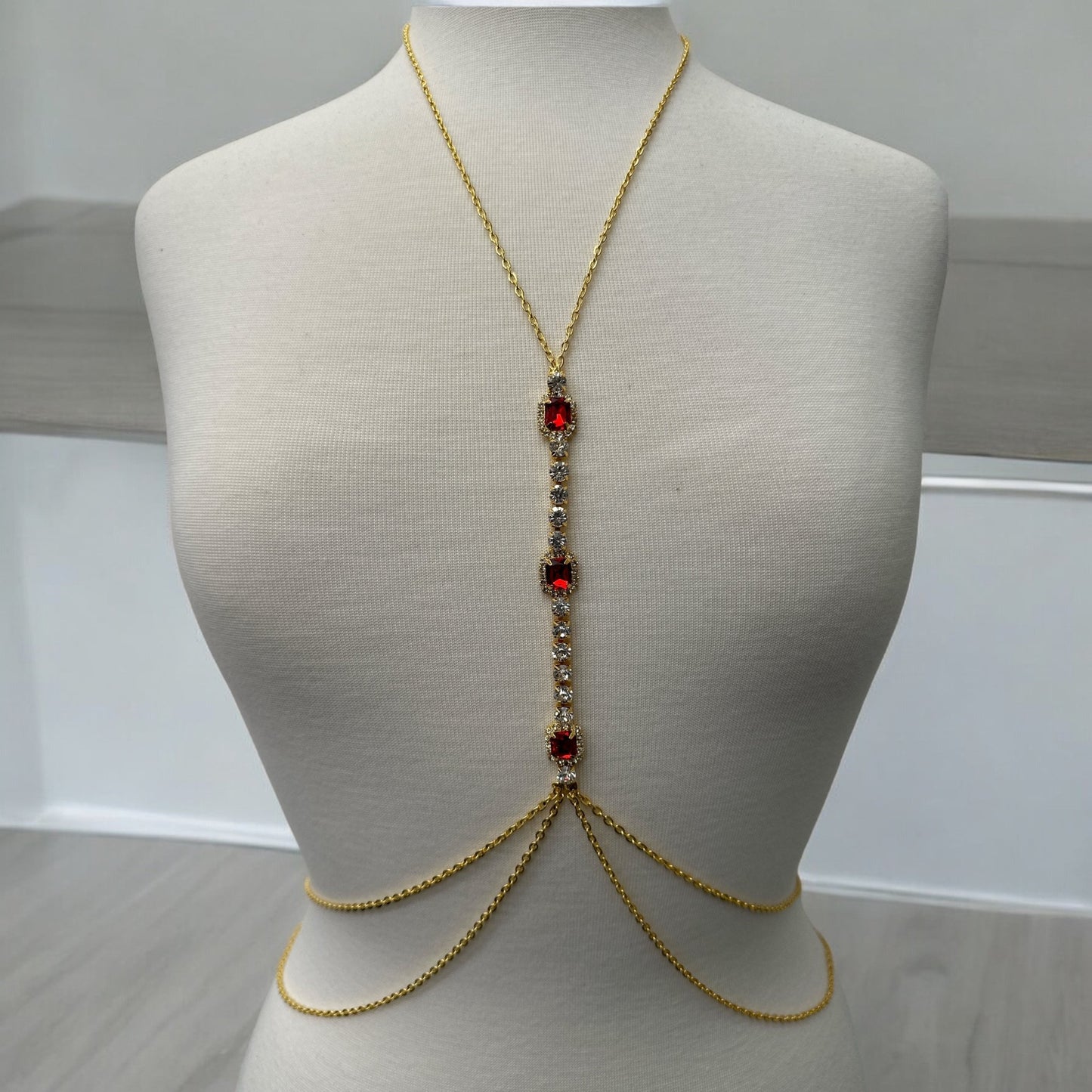 Centred Red Rhinestone Bralette Statement Body Chain Jewellery - Fatisha Boutique