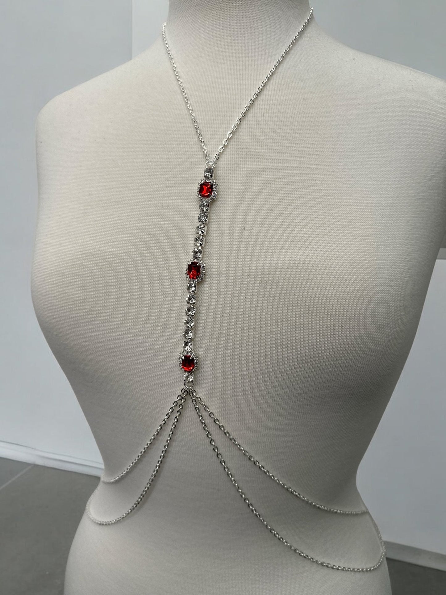 Centred Red Rhinestone Bralette Statement Body Chain Jewellery - Fatisha Boutique