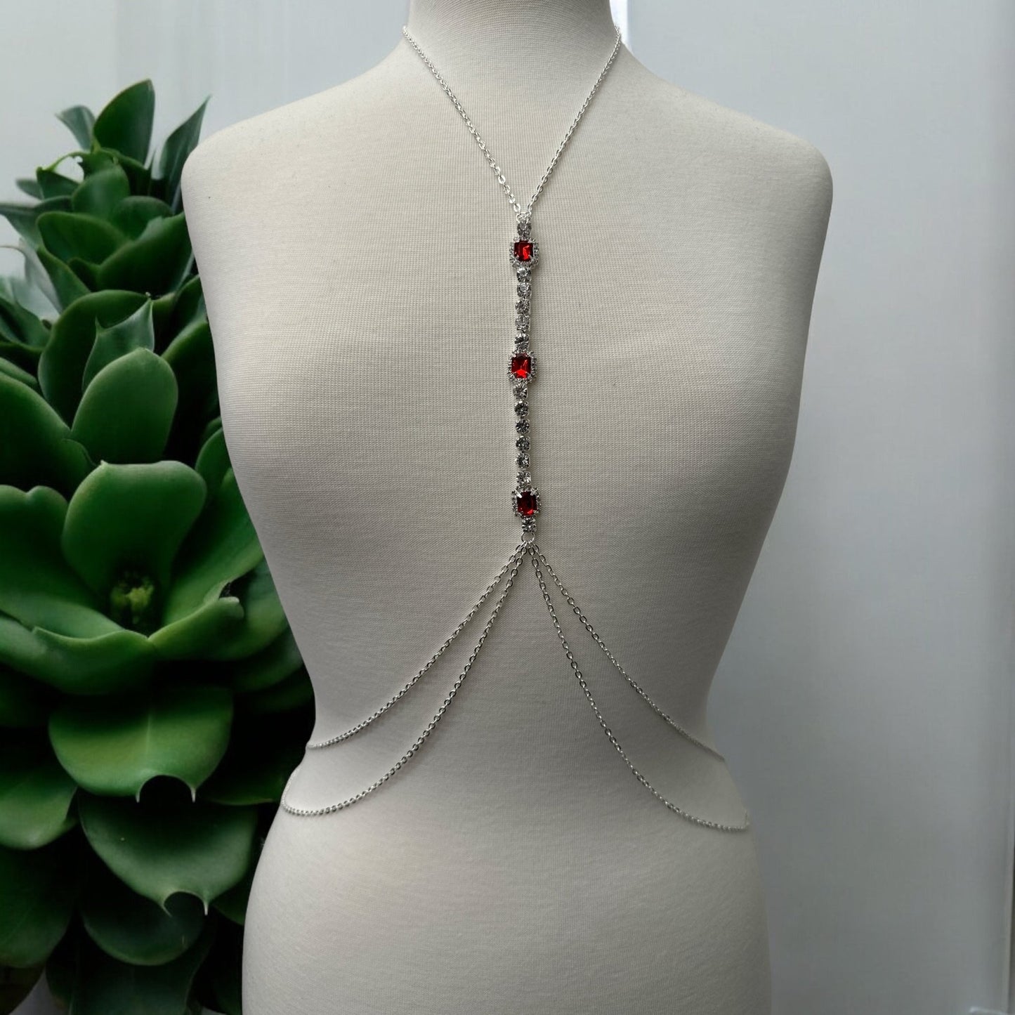 Centred Red Rhinestone Bralette Statement Body Chain Jewellery - Fatisha Boutique