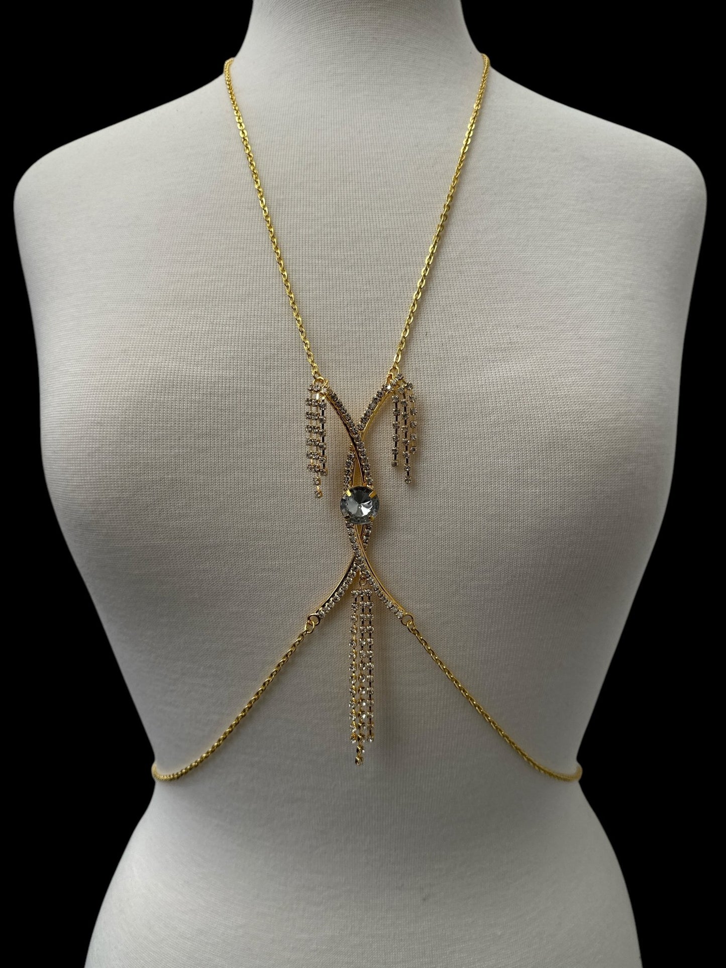 Centred Rhinestone Bralette Statement Body Chain Jewellery – Silver & Gold - Fatisha Boutique