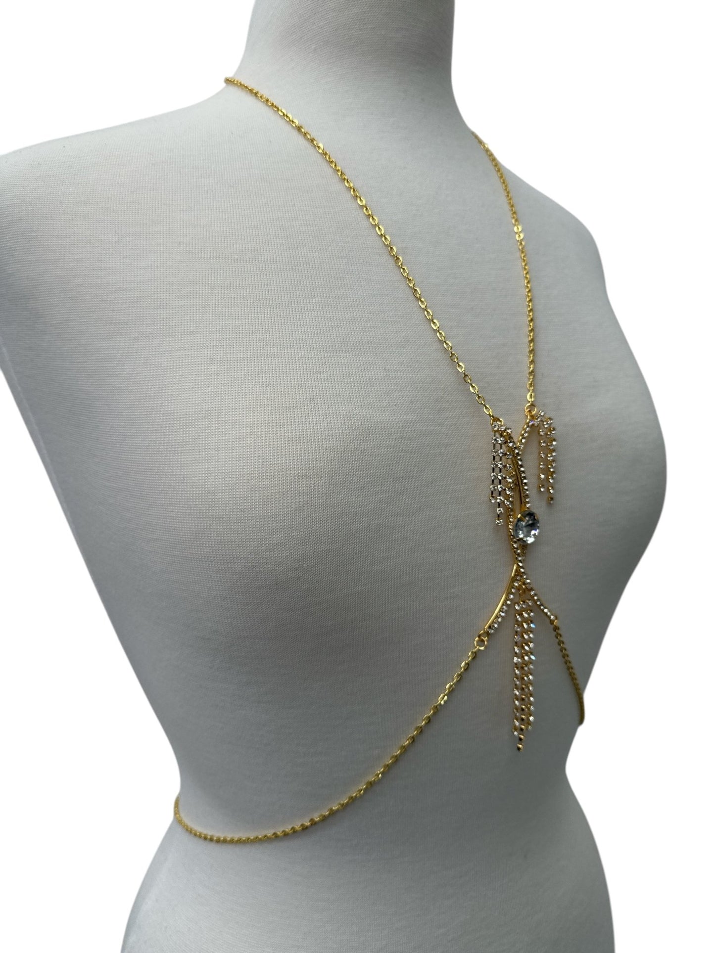 Centred Rhinestone Bralette Statement Body Chain Jewellery – Silver & Gold - Fatisha Boutique