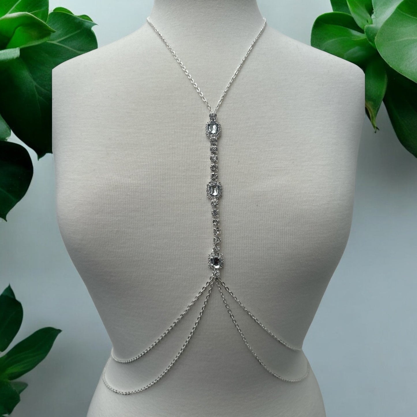 Centred White Rhinestone Bralette Statement Body Chain Jewellery - Fatisha Boutique