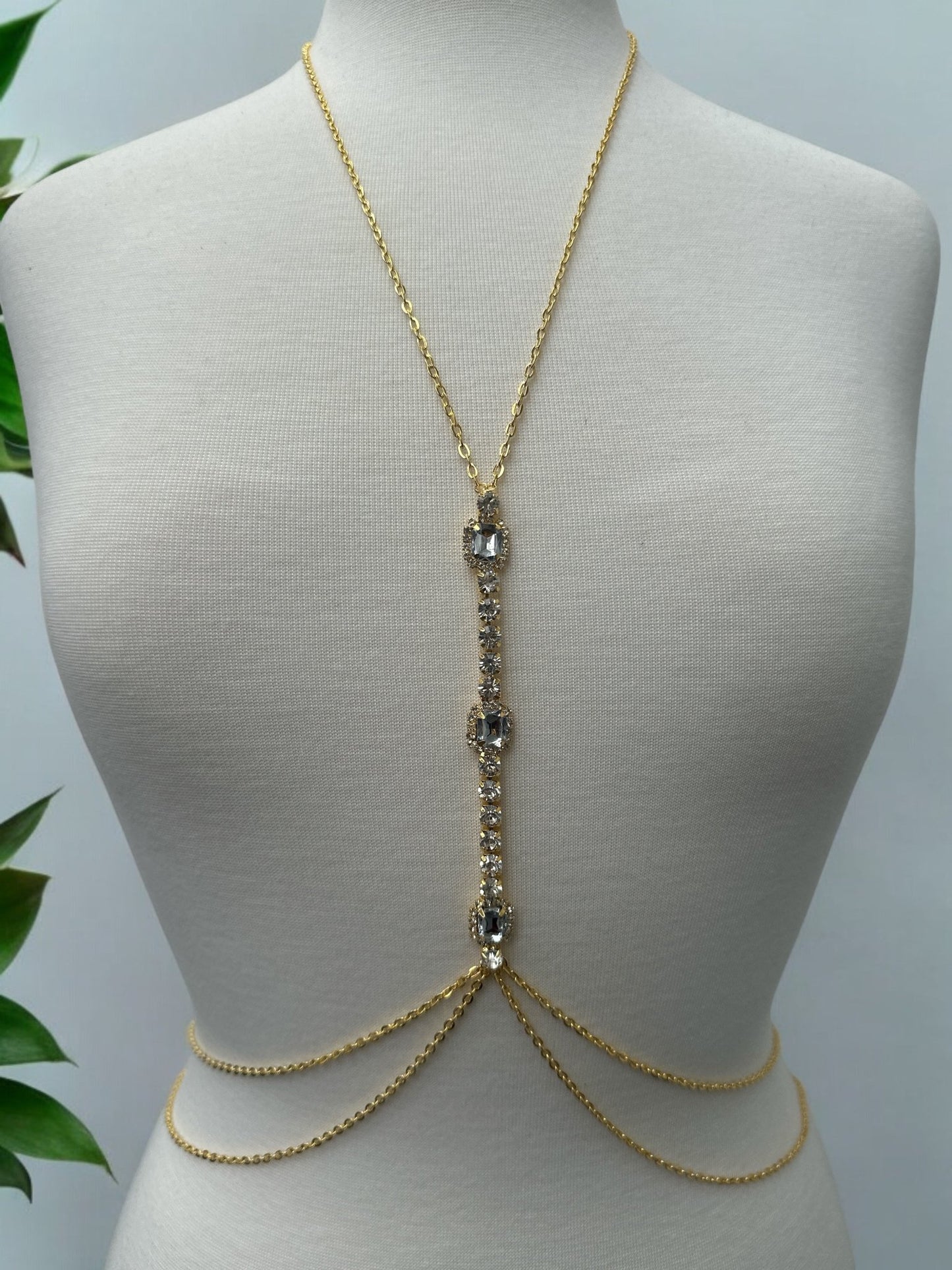 Centred White Rhinestone Bralette Statement Body Chain Jewellery - Fatisha Boutique