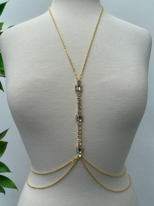 Centred White Rhinestone Bralette Statement Body Chain Jewellery - Fatisha Boutique