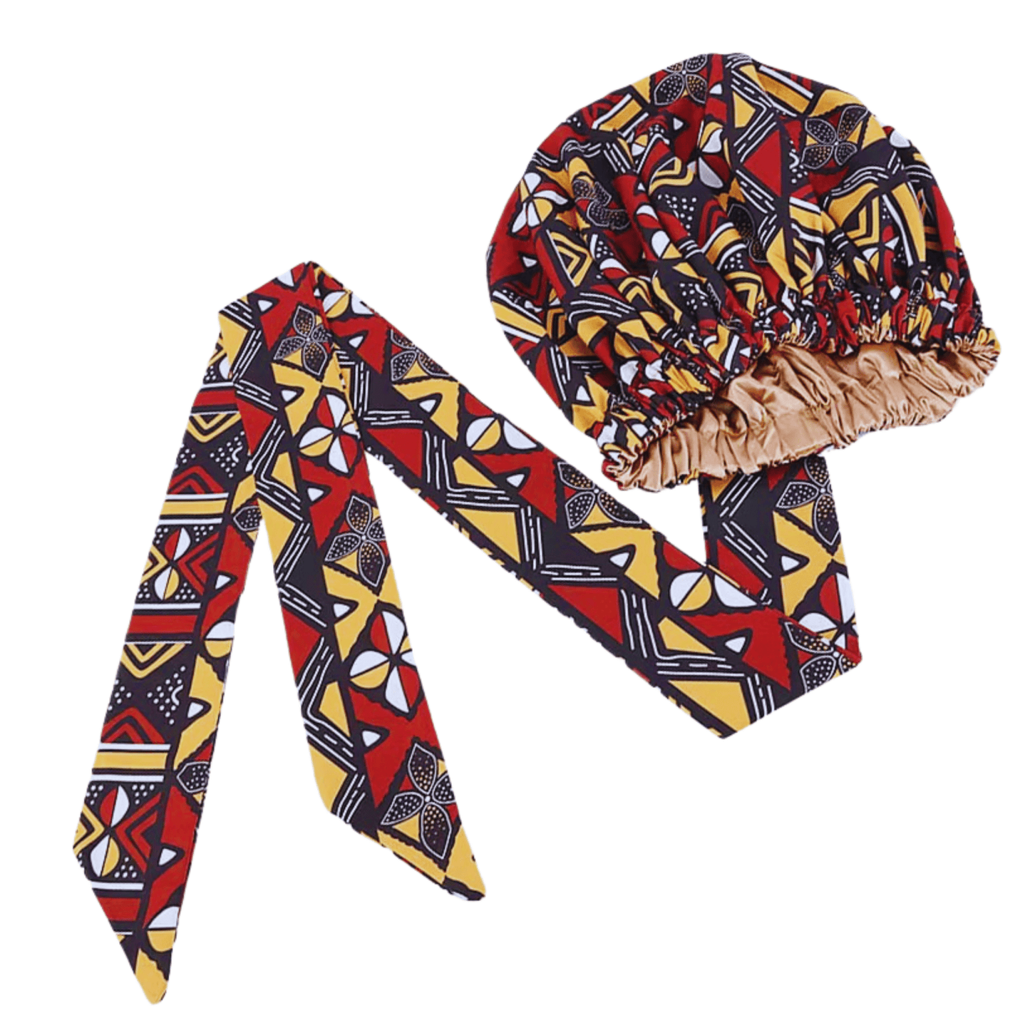 Double - Layered Ankara Satin Silk Bonnet Cap with Long Tie – Convertible to Turban Head Wrap - Fatisha Boutique