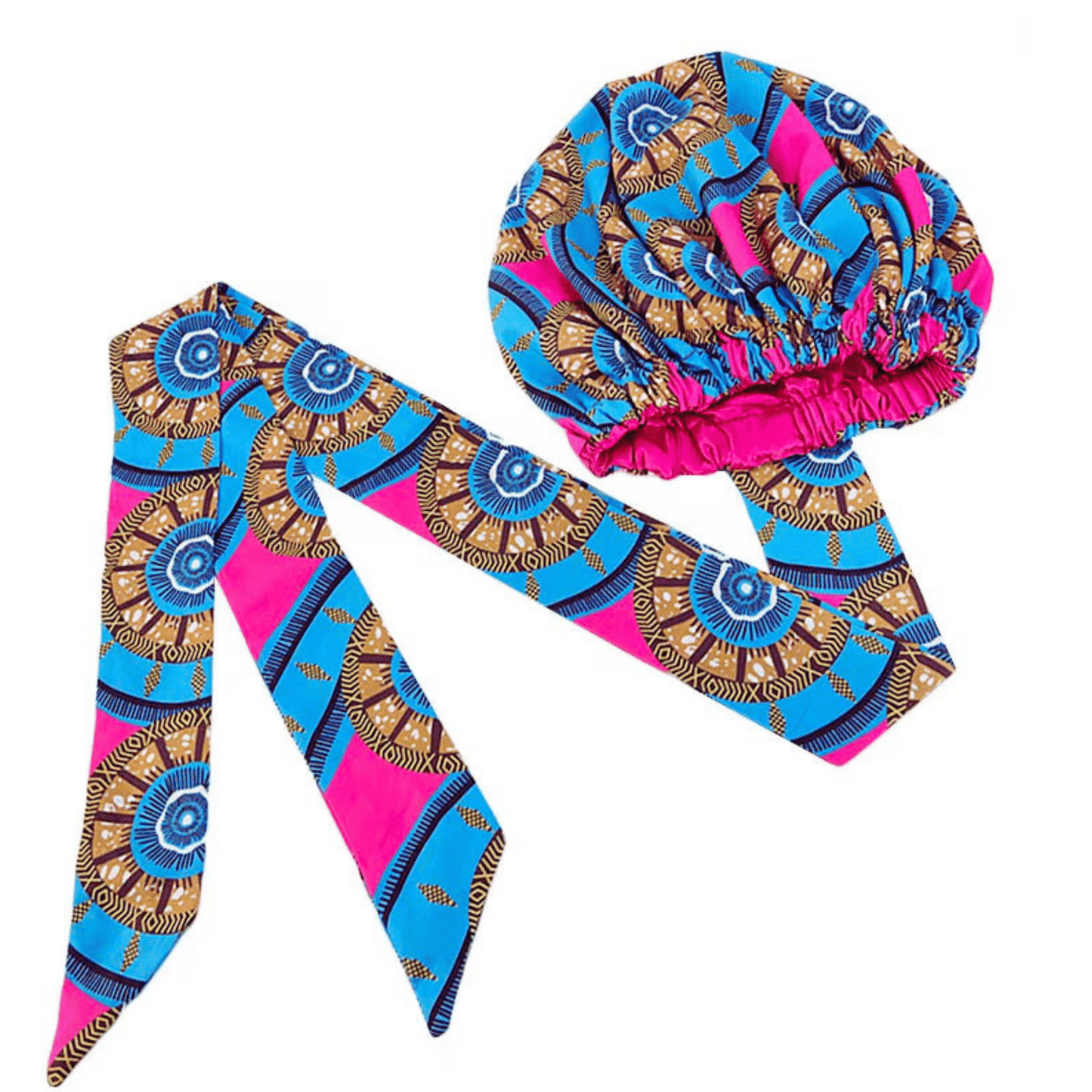 Double - Layered Ankara Satin Silk Bonnet Cap with Long Tie – Convertible to Turban Head Wrap - Fatisha Boutique