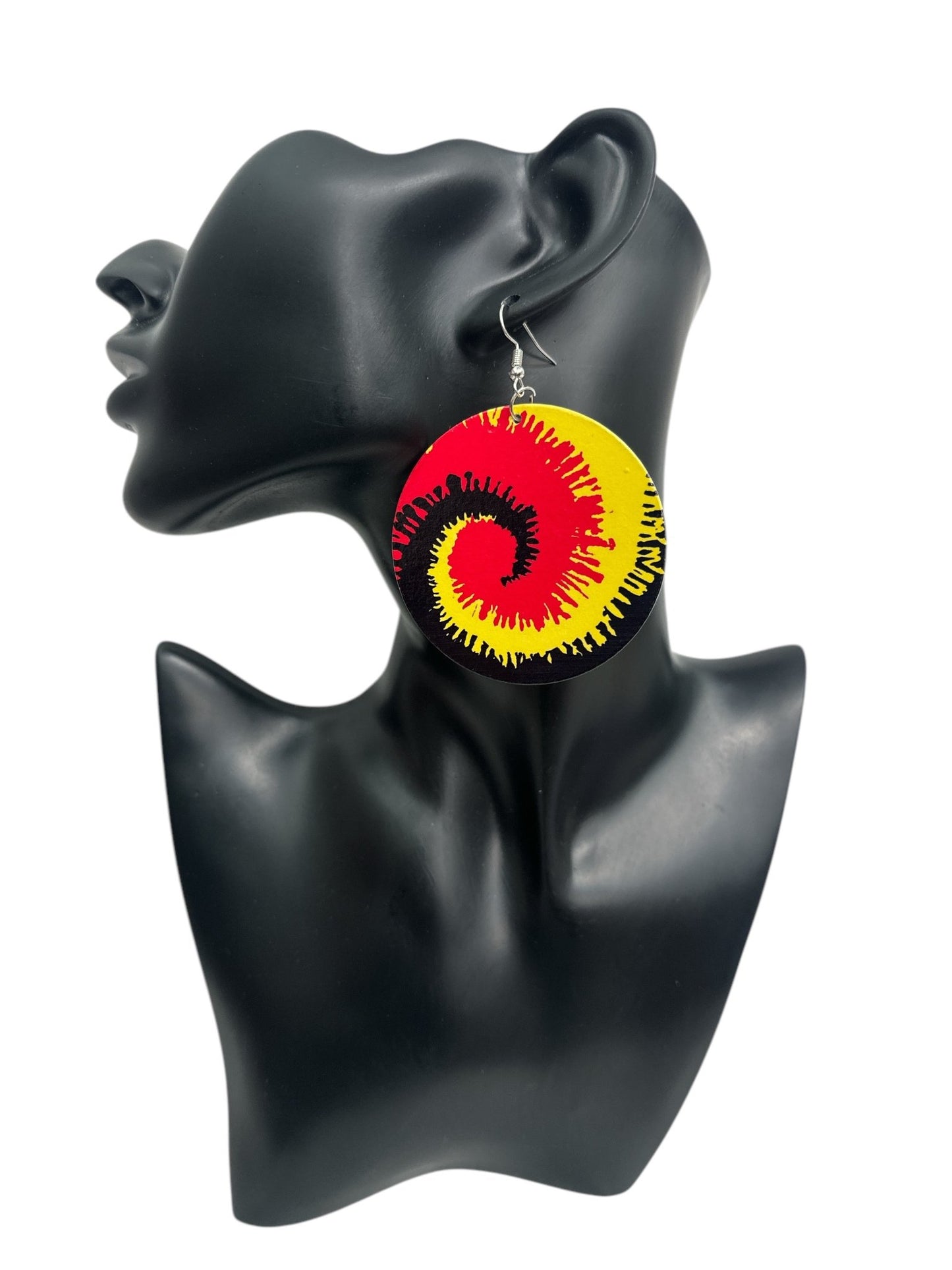 Double - Sided Wooden Spiral Dangle Earrings - Rasta Colours Statement Earrings (Red, Green, Yellow) - Fatisha Boutique