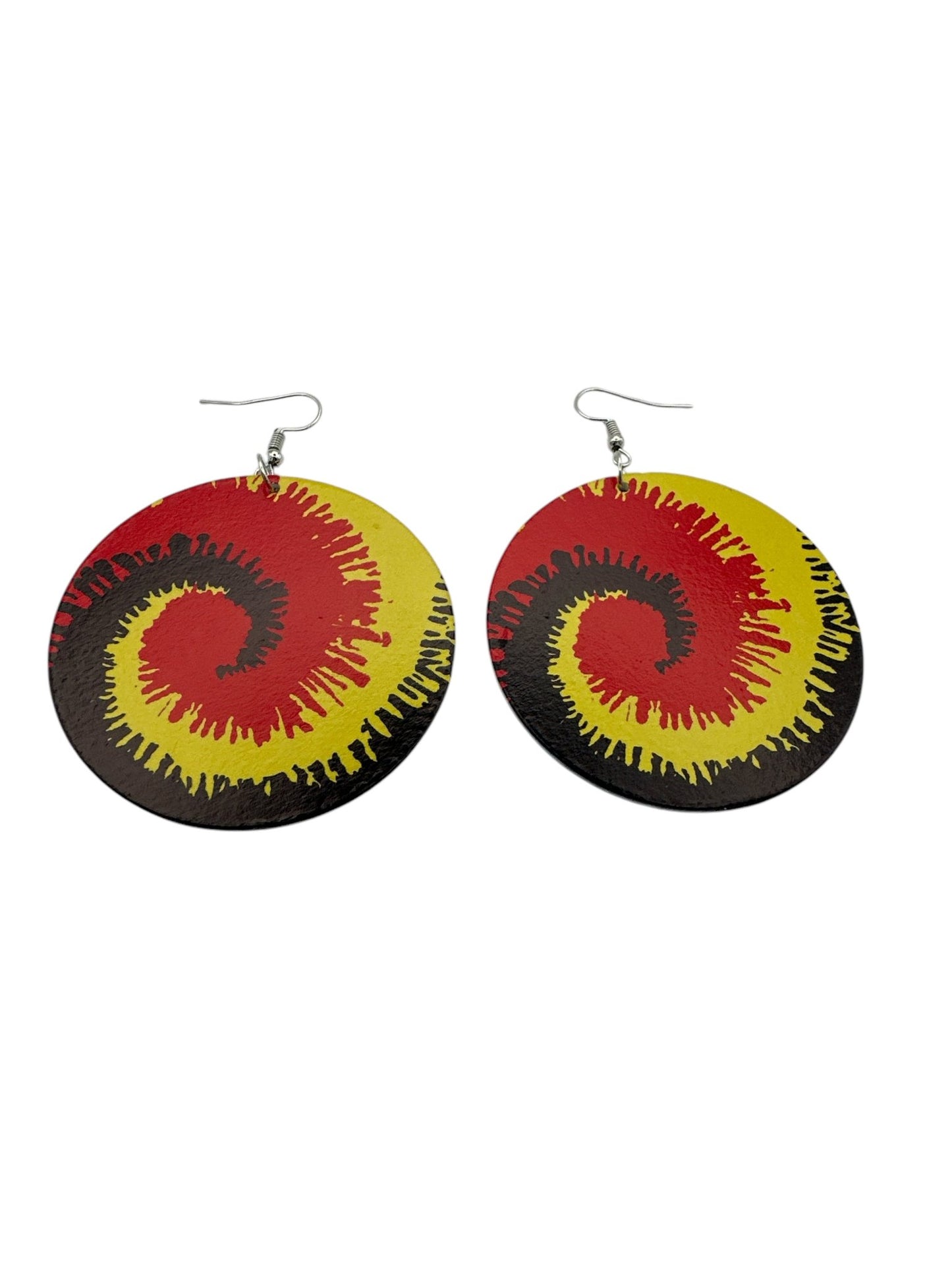 Double - Sided Wooden Spiral Dangle Earrings - Rasta Colours Statement Earrings (Red, Green, Yellow) - Fatisha Boutique
