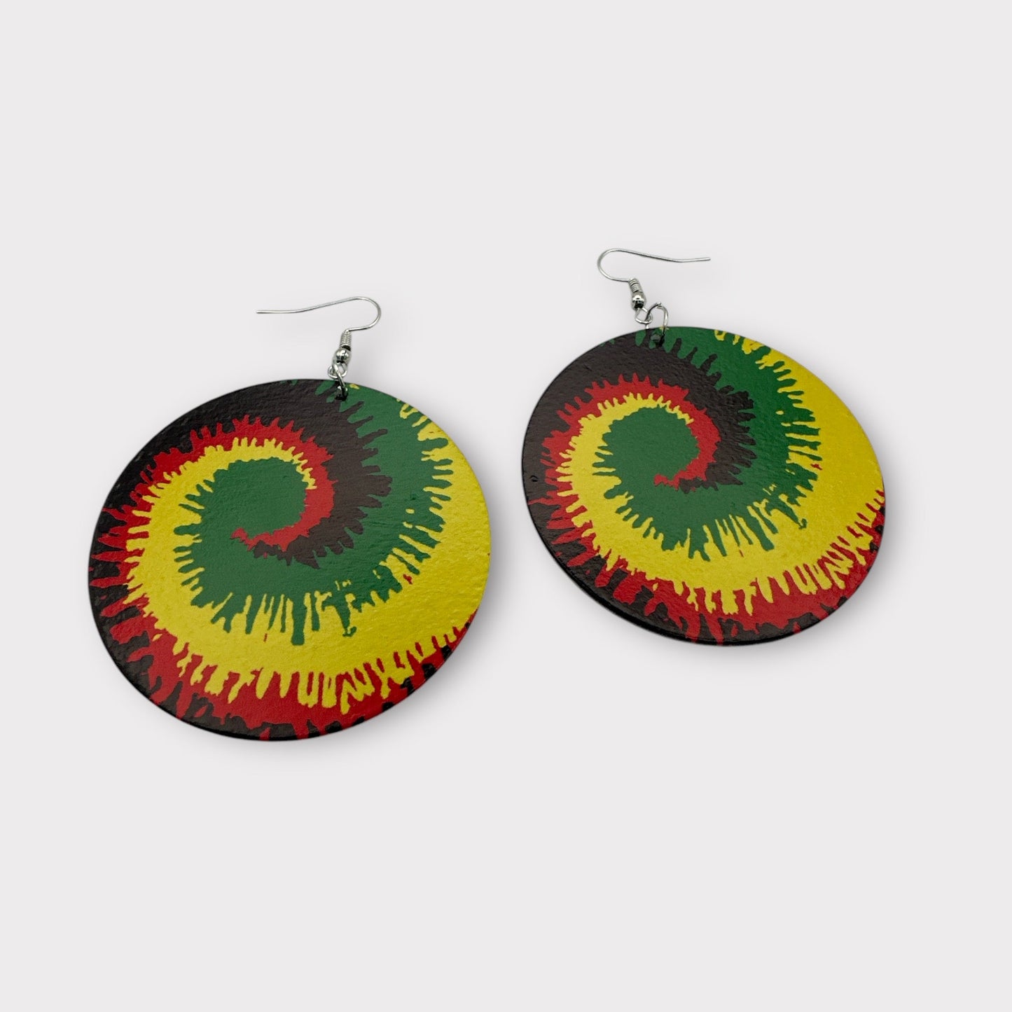 Double - Sided Wooden Spiral Dangle Earrings - Rasta Colours Statement Earrings (Red, Green, Yellow) - Fatisha Boutique