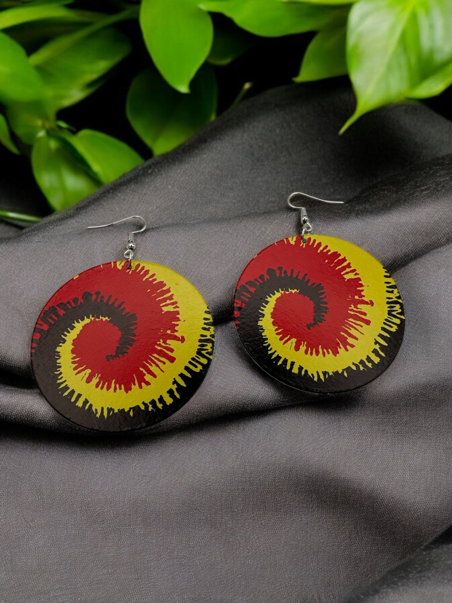 Double - Sided Wooden Spiral Dangle Earrings - Rasta Colours Statement Earrings (Red, Green, Yellow) - Fatisha Boutique