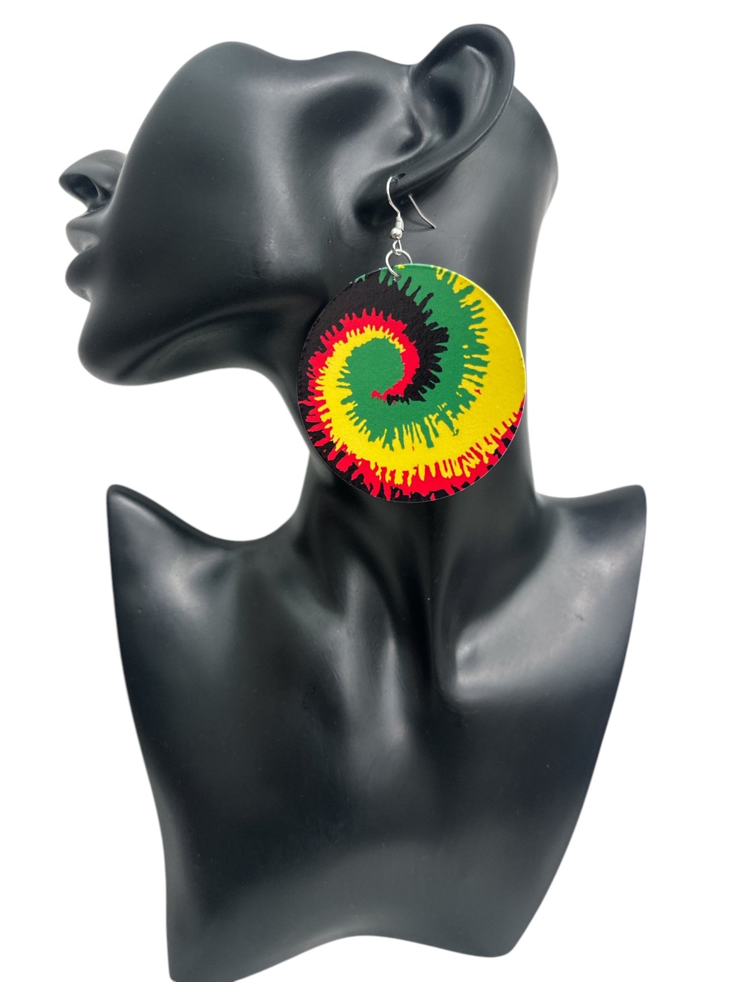 Double - Sided Wooden Spiral Dangle Earrings - Rasta Colours Statement Earrings (Red, Green, Yellow) - Fatisha Boutique