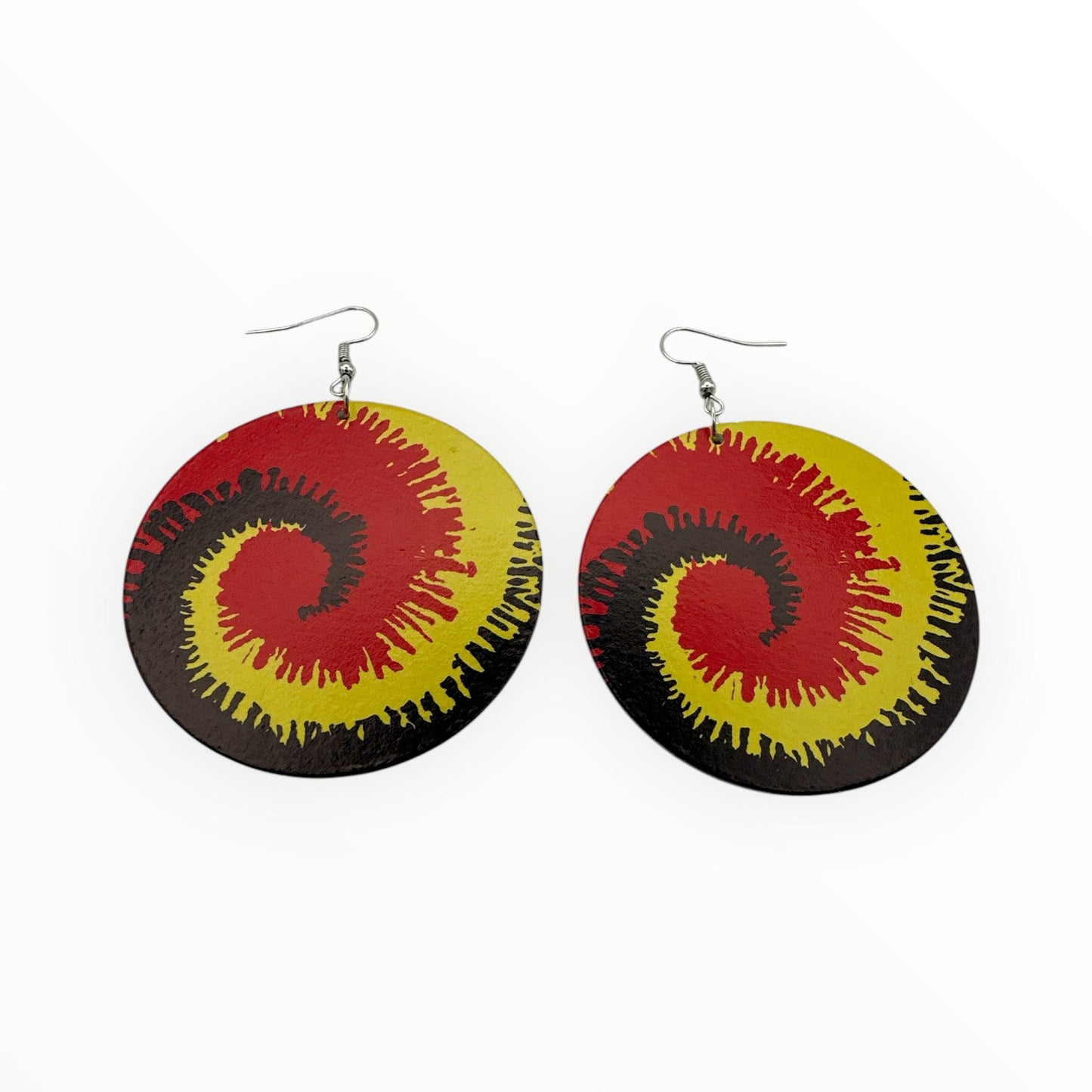 Double - Sided Wooden Spiral Dangle Earrings - Rasta Colours Statement Earrings (Red, Green, Yellow) - Fatisha Boutique