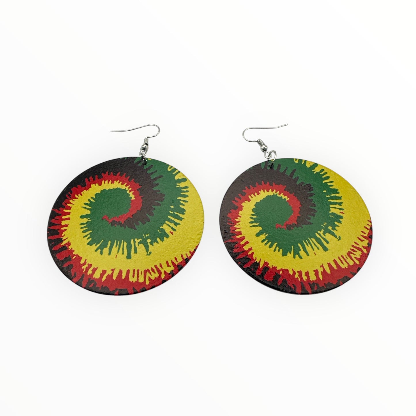 Double - Sided Wooden Spiral Dangle Earrings - Rasta Colours Statement Earrings (Red, Green, Yellow) - Fatisha Boutique