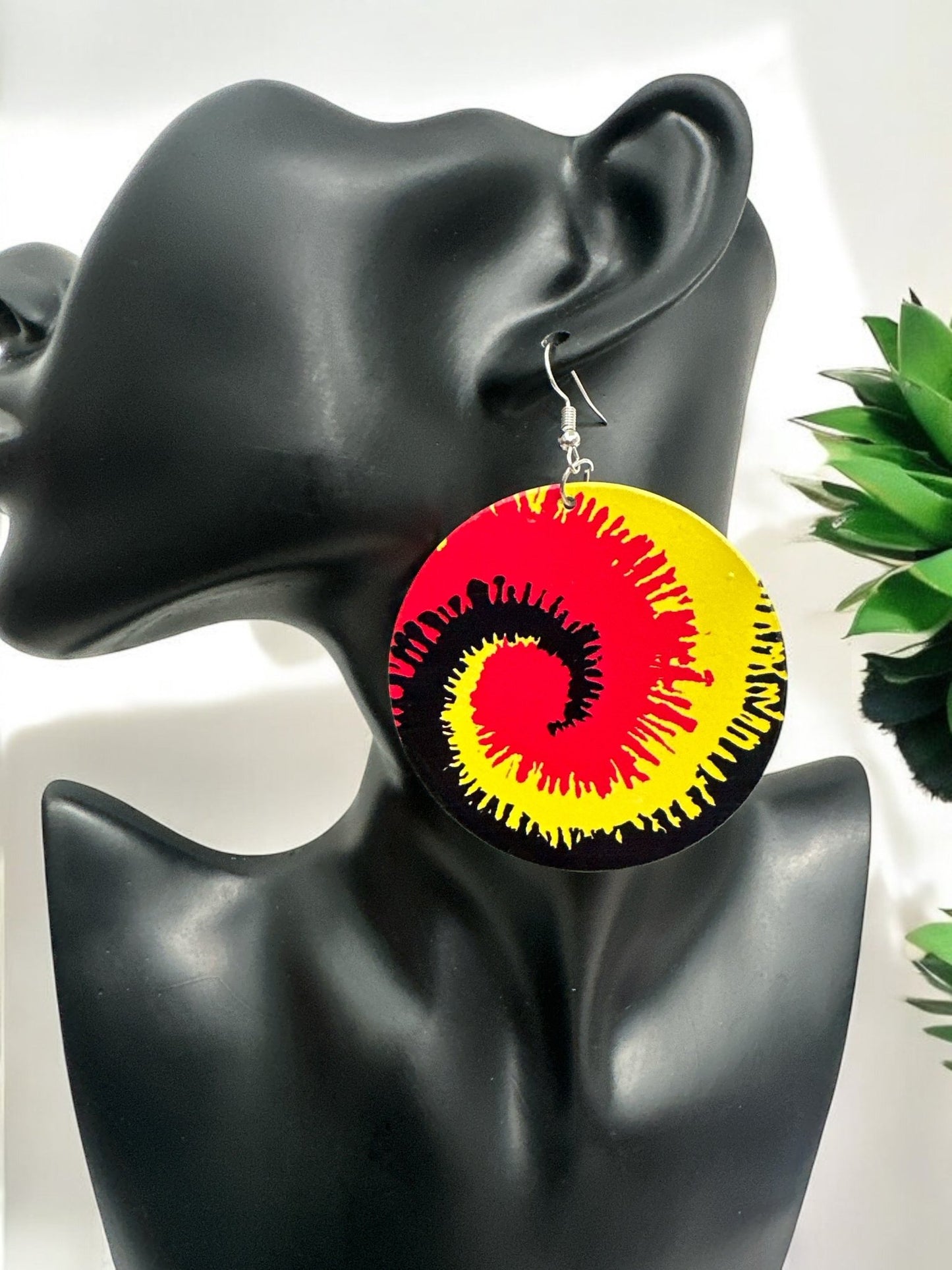 Double - Sided Wooden Spiral Dangle Earrings - Rasta Colours Statement Earrings (Red, Green, Yellow) - Fatisha Boutique