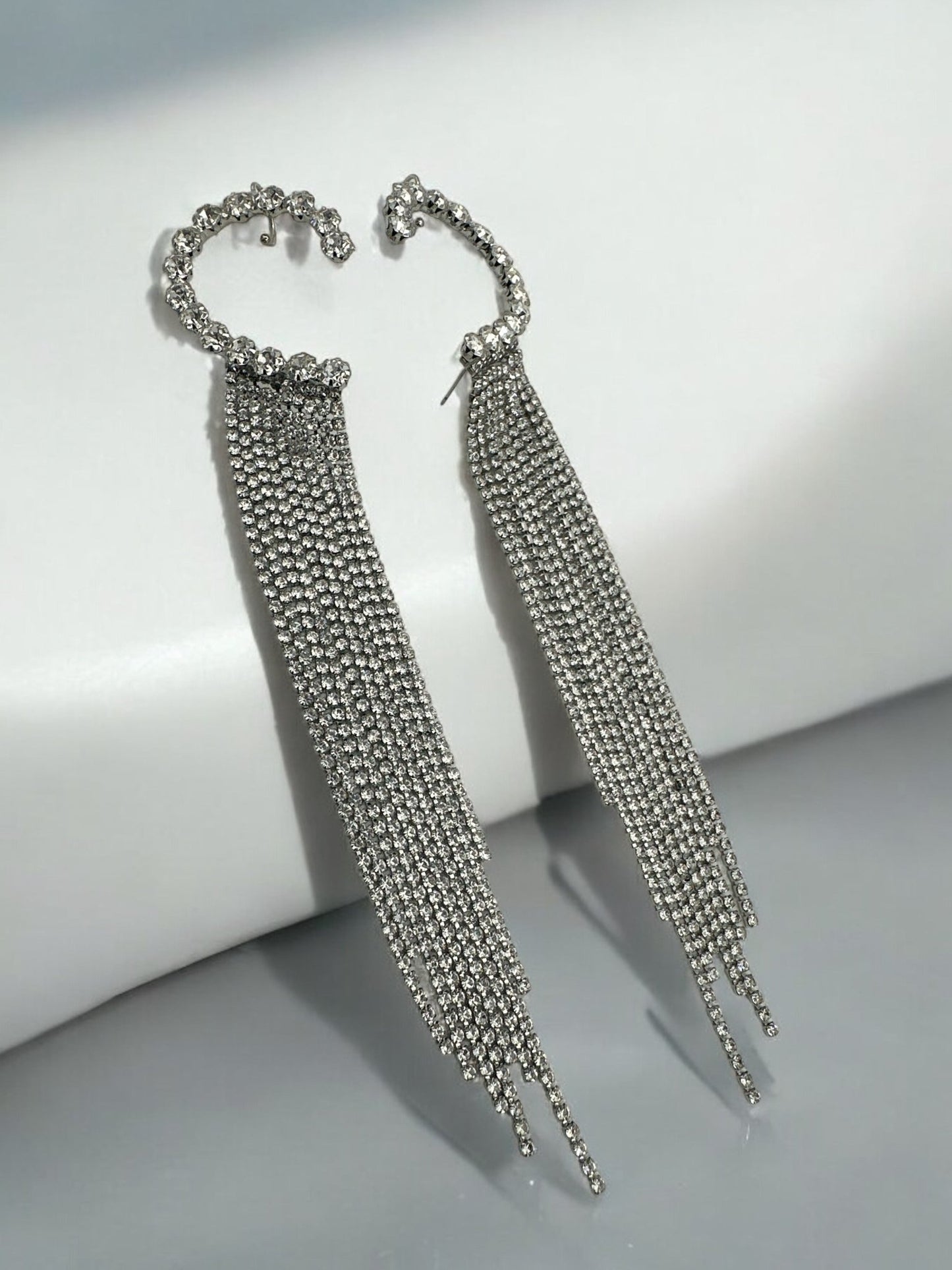 Dramatic Rhinestone Fringe Ear Cuff Earrings – Statement Chain Dangle for Bold Fashion - Fatisha Boutique