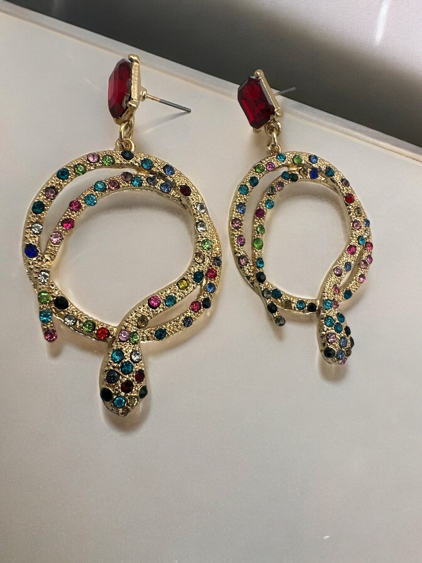 Elegant Diamante Multicoloured Rhinestone Snake Designed Statement Earrings - Fatisha Boutique