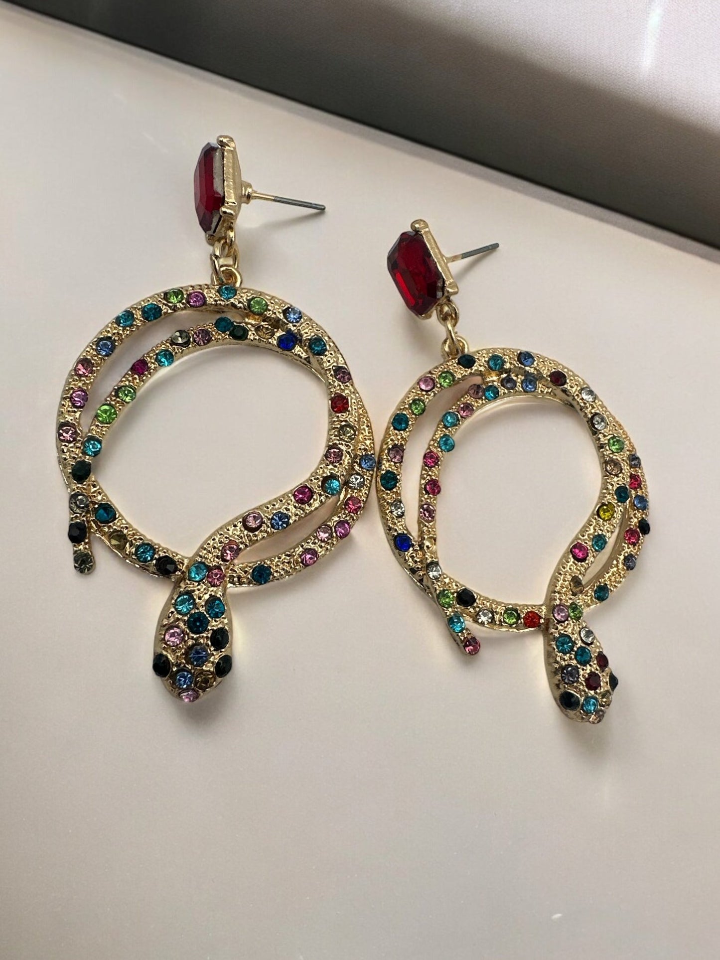 Elegant Diamante Multicoloured Rhinestone Snake Designed Statement Earrings - Fatisha Boutique