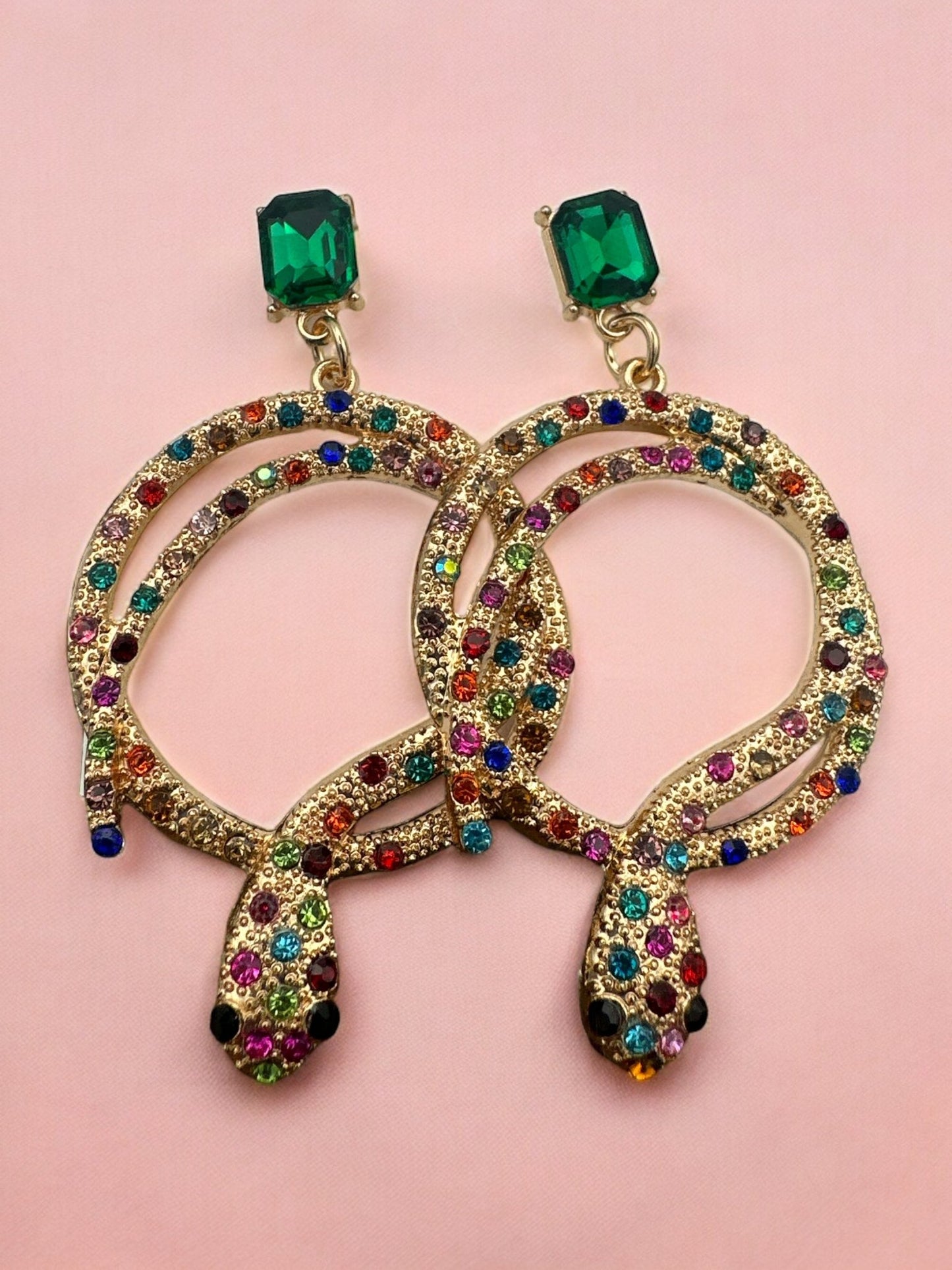 Elegant Diamante Multicoloured Rhinestone Snake Designed Statement Earrings - Fatisha Boutique