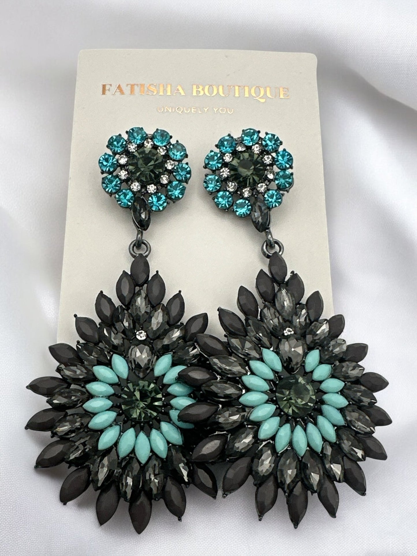 Elegant Diamante Rhinestone Sparkle Long Flower Teardrop Statement Earrings - Fatisha Boutique