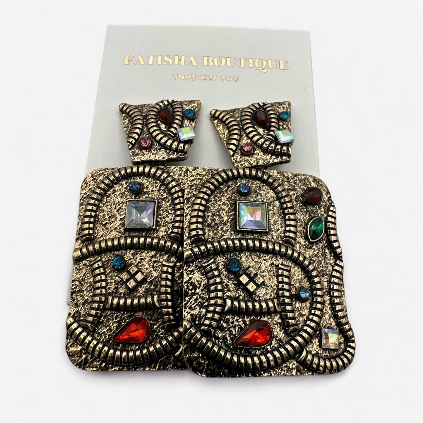 Elegant Ethnic Boho Rectangle Rhinestone Statement Earrings - Fatisha Boutique