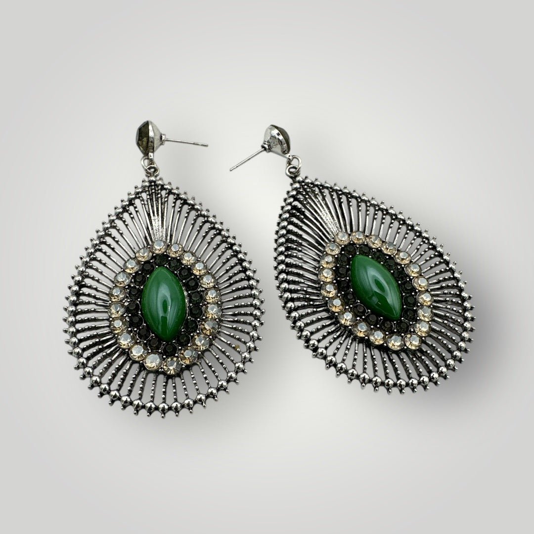 Elegant Green Resin Diamante Rhinestone Teardrop Dangle Statement Earrings - Fatisha Boutique