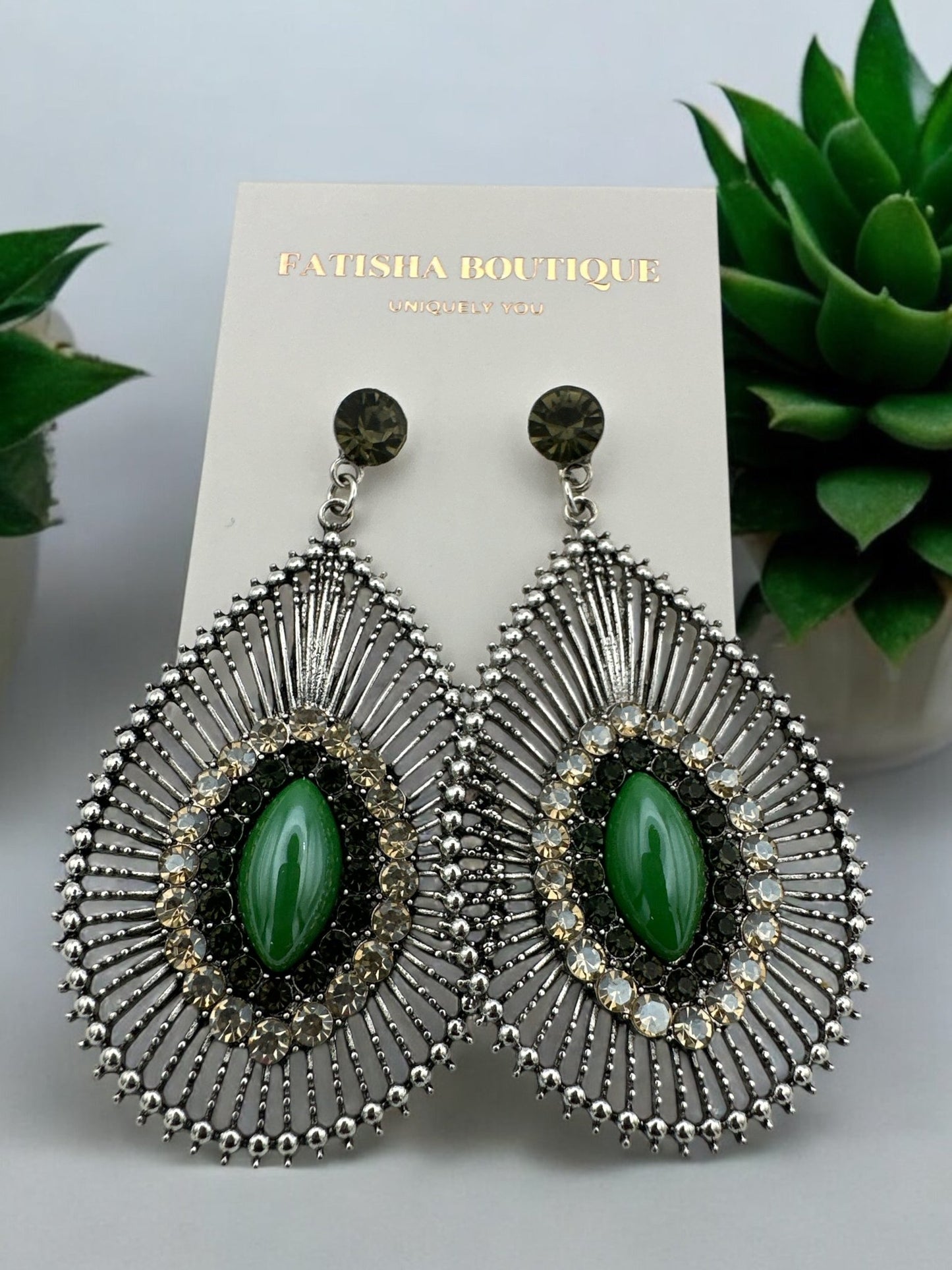 Elegant Green Resin Diamante Rhinestone Teardrop Dangle Statement Earrings - Fatisha Boutique