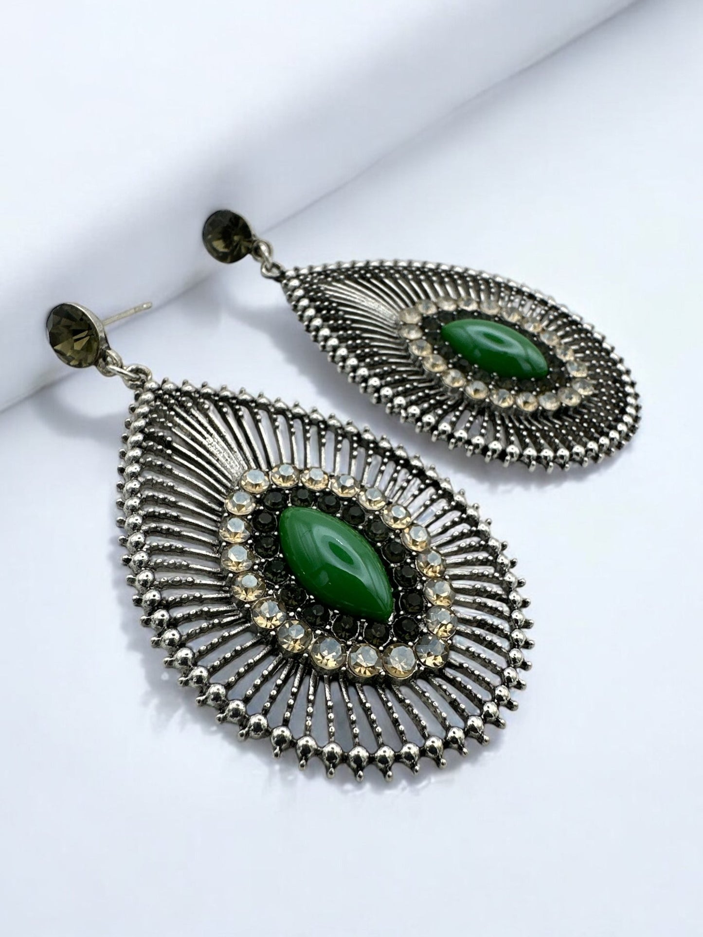 Elegant Green Resin Diamante Rhinestone Teardrop Dangle Statement Earrings - Fatisha Boutique