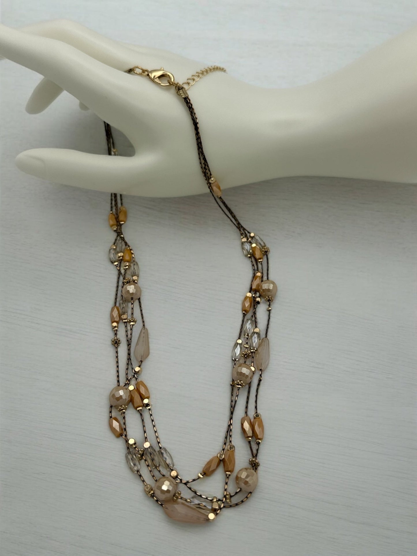Elegant Multilayer Champagne & Crystal Beaded Necklace with Gold Accents - Fatisha Boutique