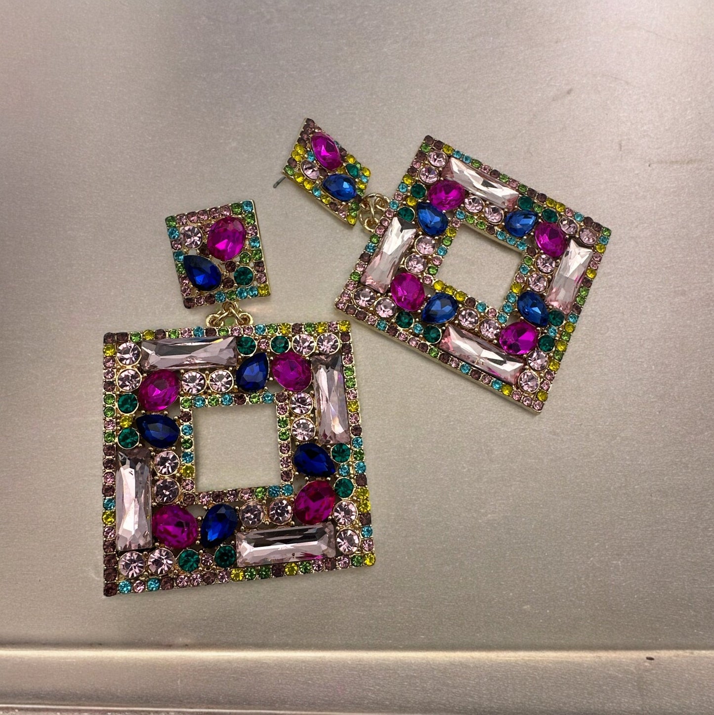 Elegant Oversized Square Rhinestone Statement Dangle Earrings - Fatisha Boutique