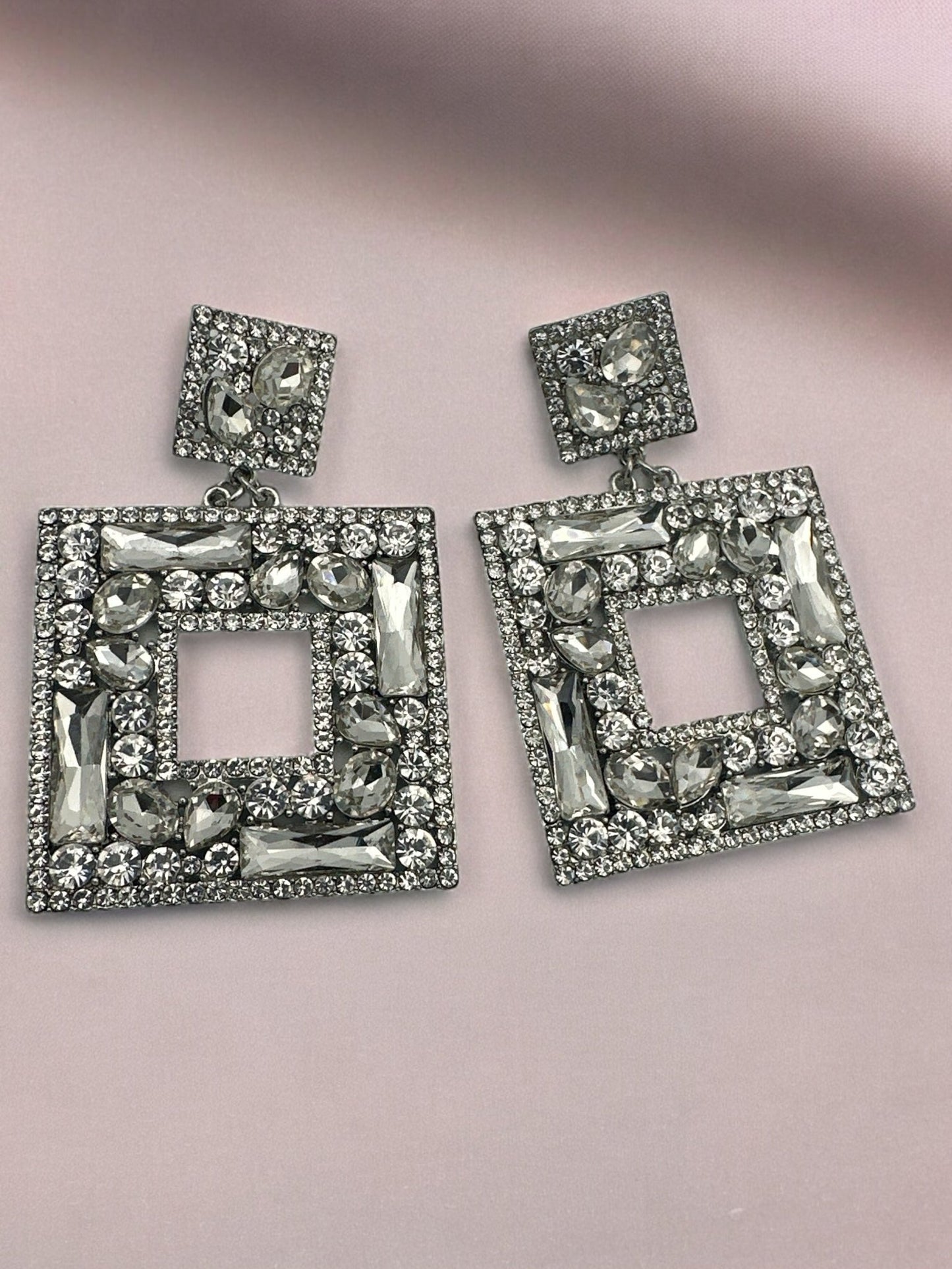 Elegant Oversized Square Rhinestone Statement Dangle Earrings - Fatisha Boutique