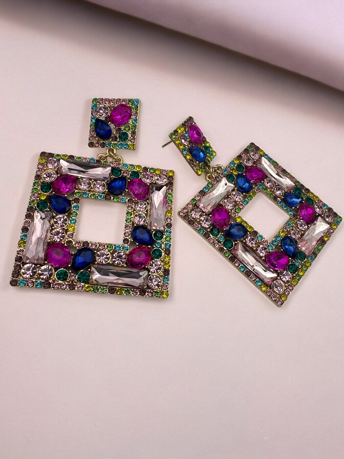 Elegant Oversized Square Rhinestone Statement Dangle Earrings - Fatisha Boutique