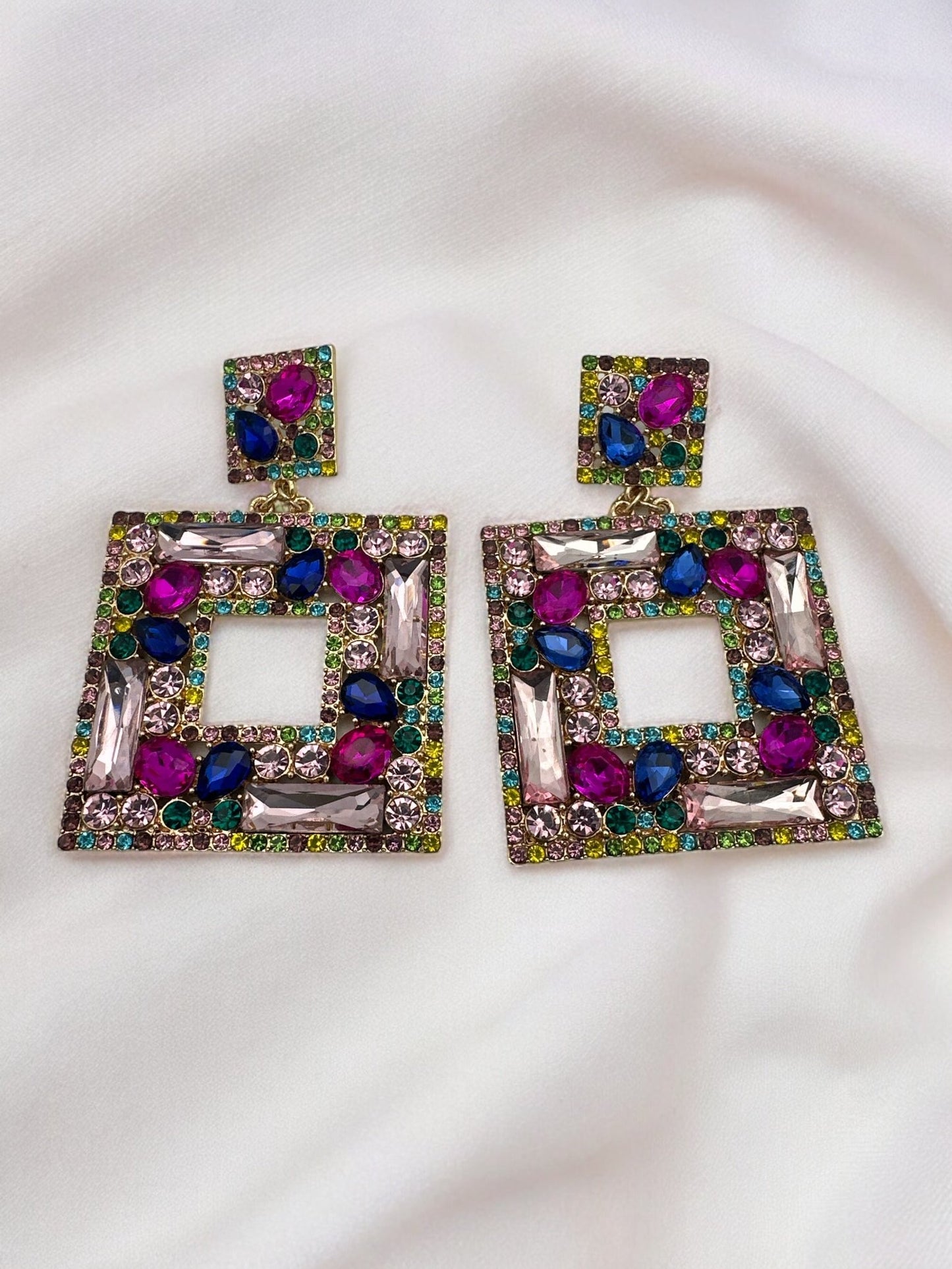 Elegant Oversized Square Rhinestone Statement Dangle Earrings - Fatisha Boutique
