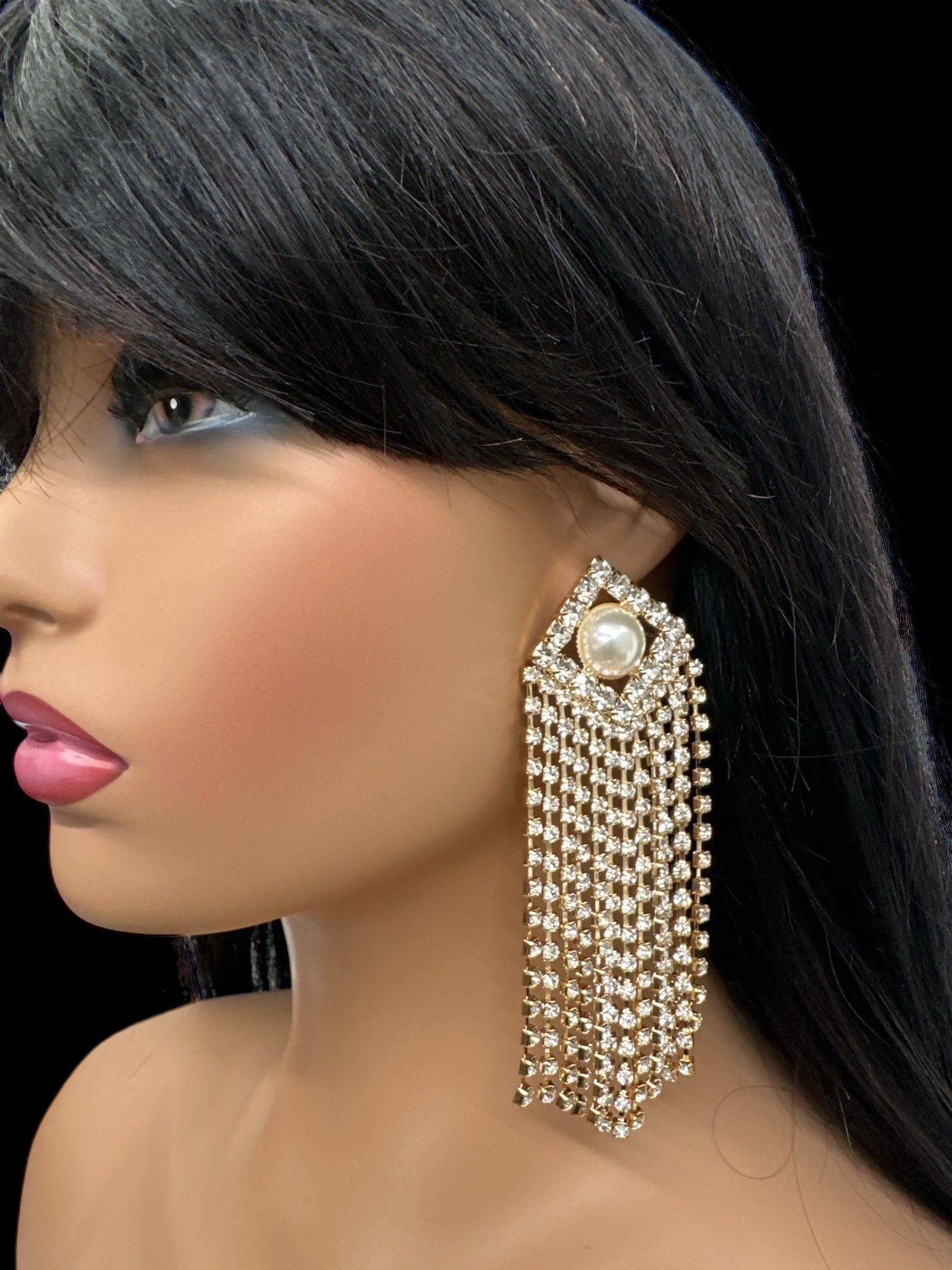 Elegant Pearl and Rhinestone Drape Statement Earrings - Fatisha Boutique